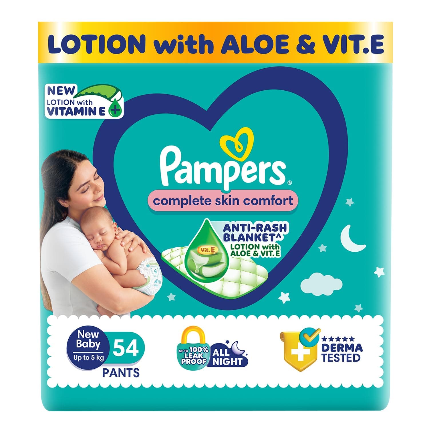 Pampers Complete Skin Comfort Pants,(NB/XS), 54 Count, Anti-rash blanket, Lotion with Vitamin E & Aloe Vera, New Born/X-Small, Upto 5kg