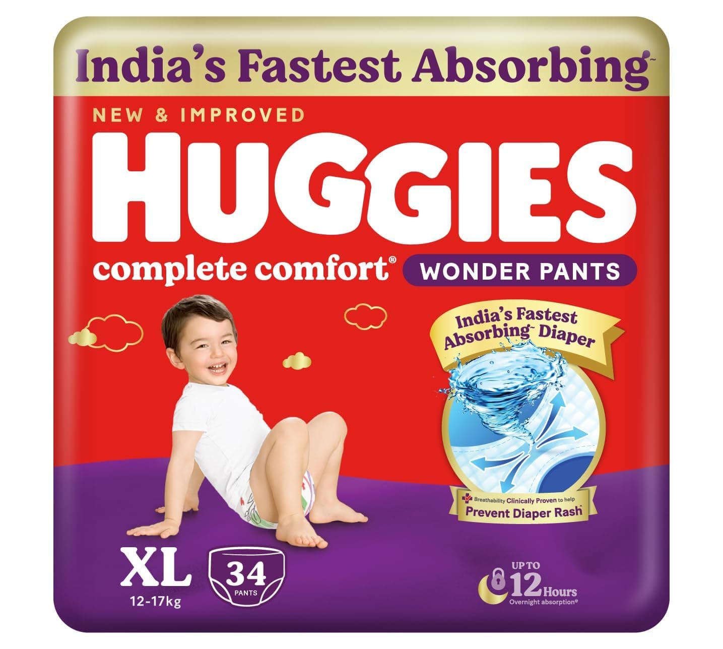 Huggies Complete Comfort Wonder Pants | Pant Style Baby Diapers Extra Large Size (XL), 34 Count | India's Fastest Absorbing Diaper, Prevents Diaper Rash, Ideal for 12 to 17 Kgs