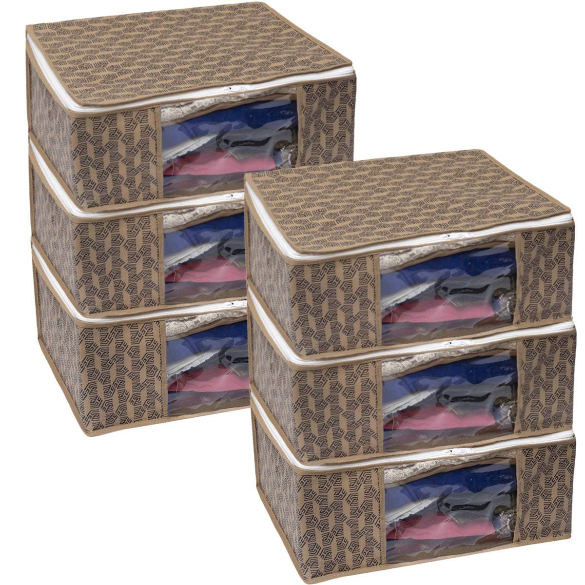 Homestrap Set of 6 Non-Woven Printed Saree Cover/Cloth Storage/Organizer with Transparent Window (Beige)(Featured on Shark Tank)