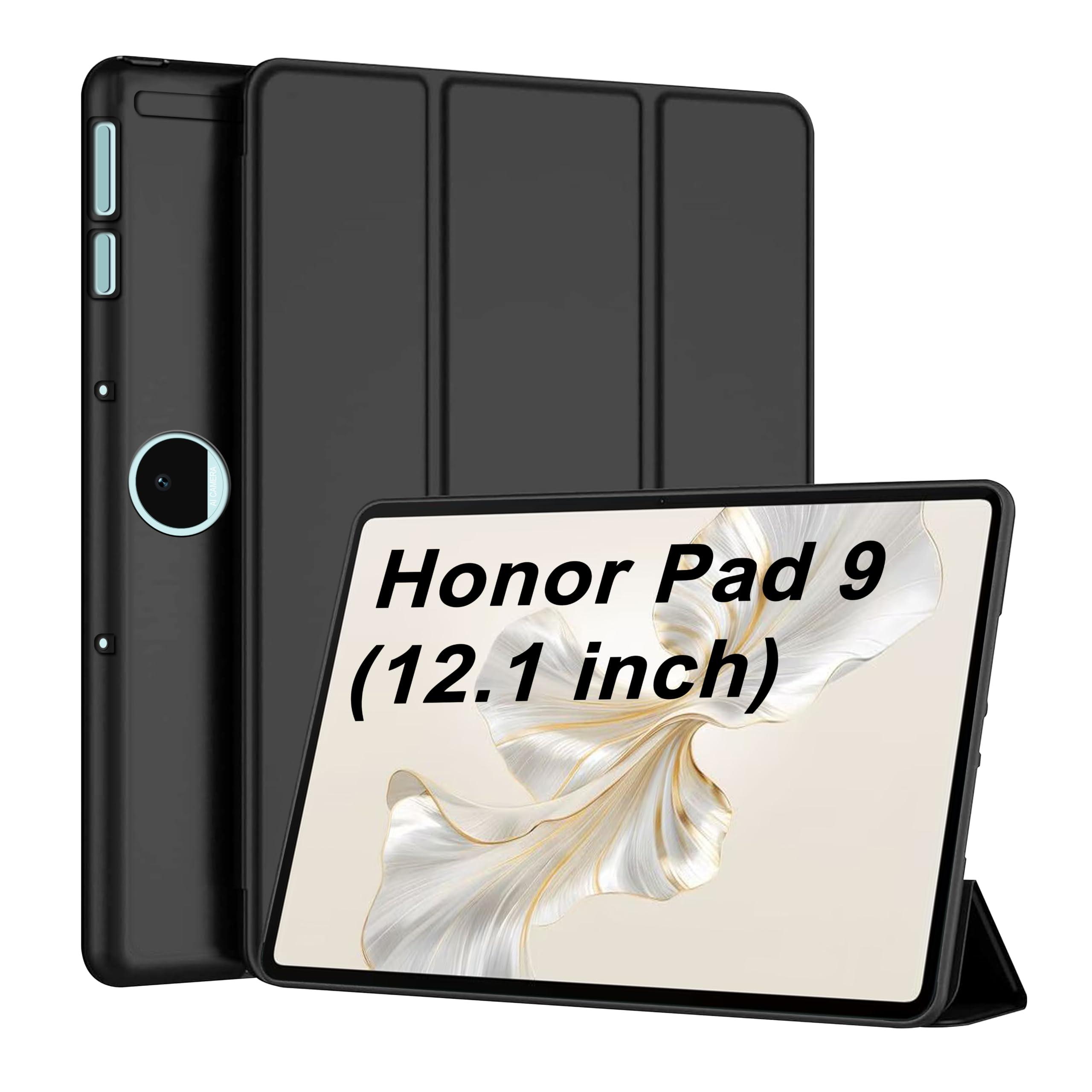 CEDO Tri-Fold for Honor Pad 9 (12.1 in) Smart Case Flip Cover with Multi Viewing Angles Stand | Leather Finish | Heat Dissipation | TPU Backcover (Black)