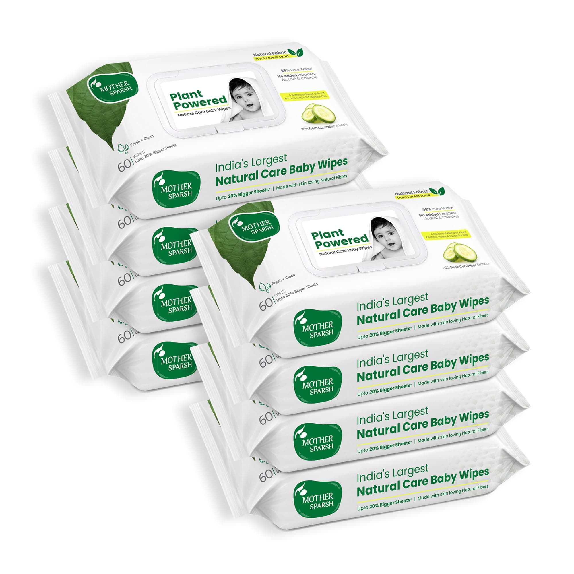 Mother Sparsh Natural Care Baby Wipes 60 Pcs (Pack of 8) I 100% Plant Made Fabric From Forest Land | Fresh+Cleanse (with Cucumber) Plant Powered Wet Wipes For Baby I Cotton Cloth Like Bigger Sheets