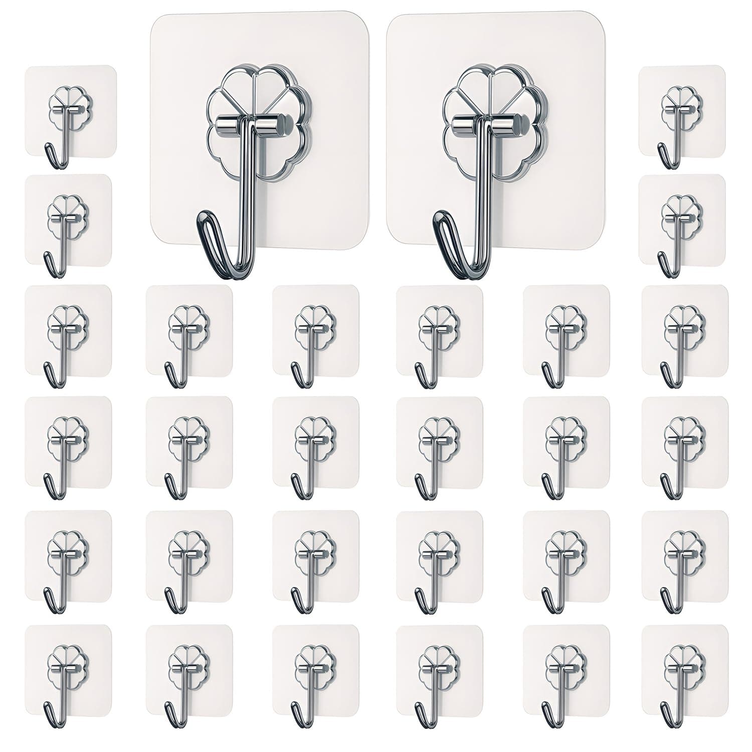 DALUCI Self Adhesive Wall Hooks for Hanging - 30 Pcs Heavy Duty Wall Hanger Hooks Without Drill | Transparent Nail Free Sticky Hooks for Wall Heavy Items, Bathroom, Kitchen (Flower Hook, 30)