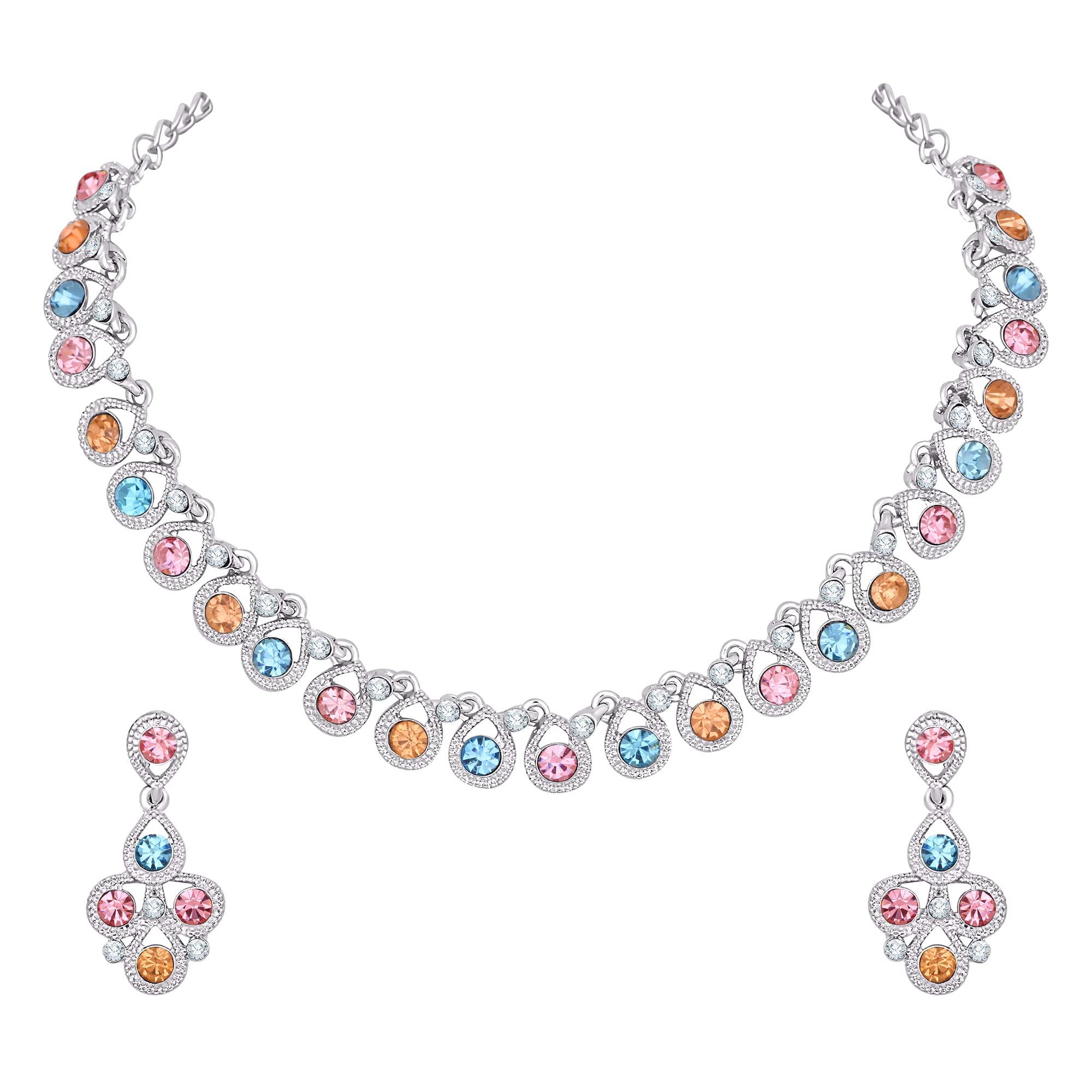 Atasi International Multicolor Diamond/Stones Silver Plated Alloy Necklace Set with Earrings for Women | Stylish Jewellery for Party, Wedding and Festive Occasions | Fashion Accessories