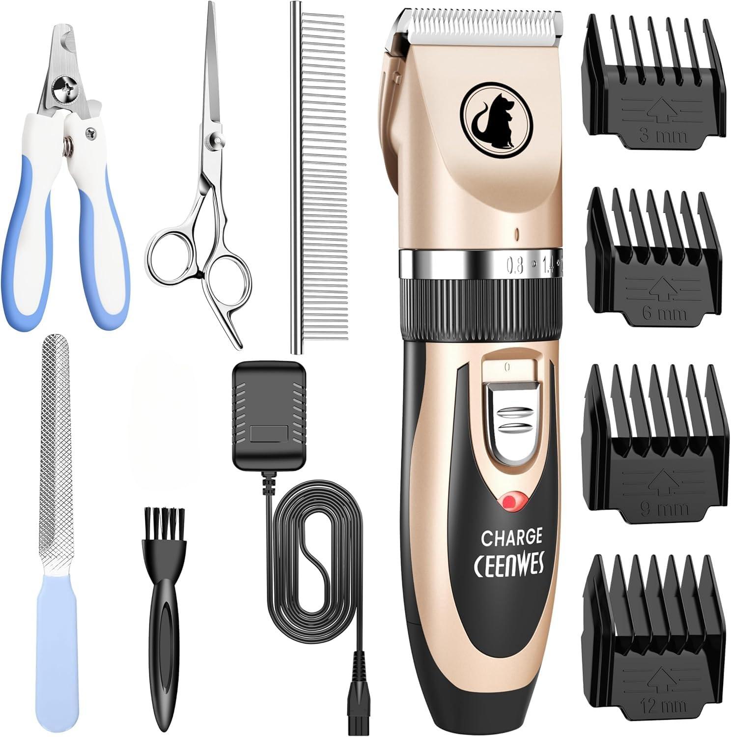 Ceenwes Unisex Low Noise Pet Clippers - Rechargeable Dog Trimmer, Cordless Grooming Tool With Comb Guides, Scissors, Nail Kits for Dogs, Cats & Other Hairy Animals, Multicolour