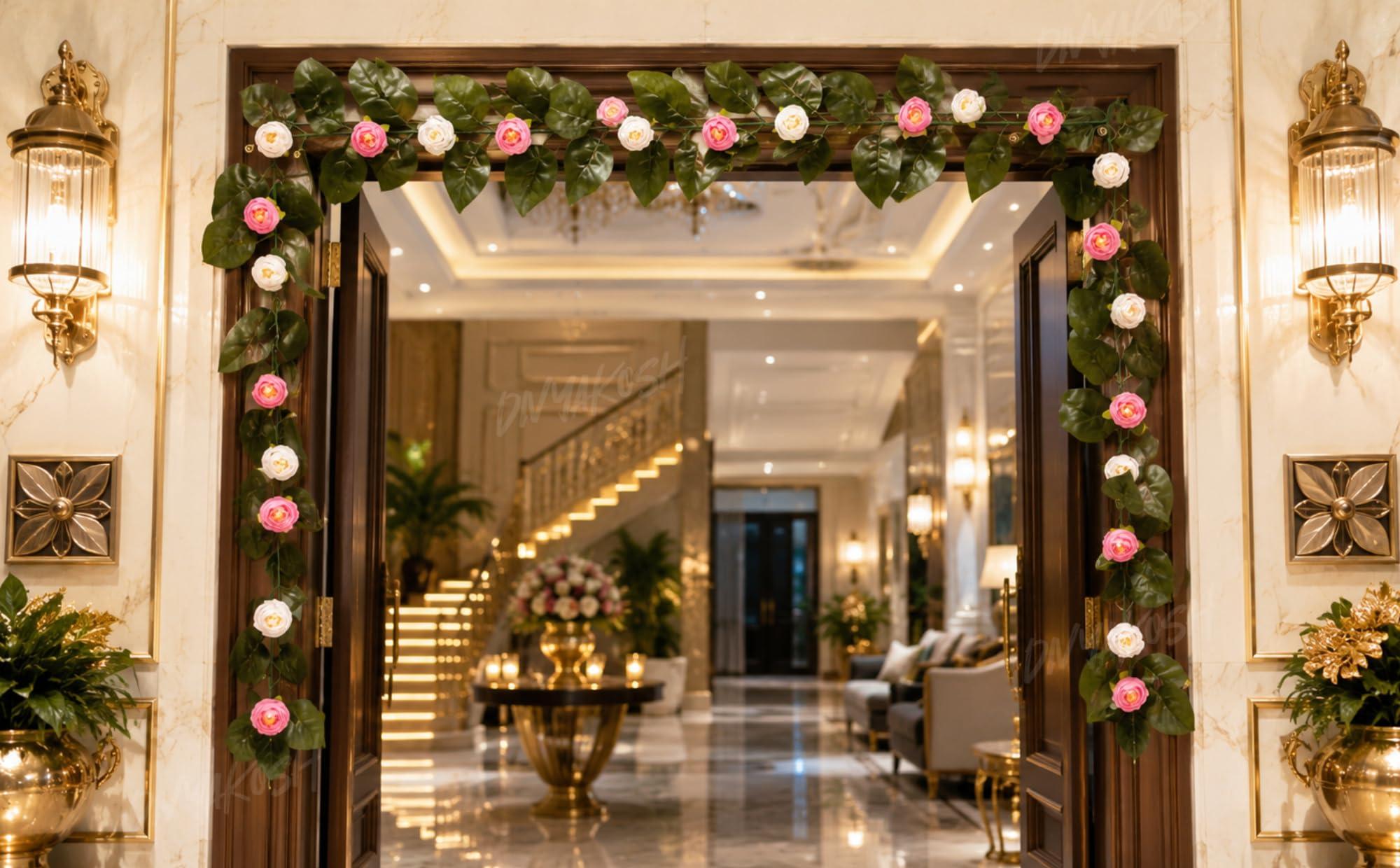 Divyakosh Mango Leaf Vine with Peony Flowers, Creeper for Main Door Entrance Decor, Garland | 80 Inch Artificial Floral Door Hanging with 24 Pink White Flowers |Festive Pooja Decor for Diwali Ganpati|