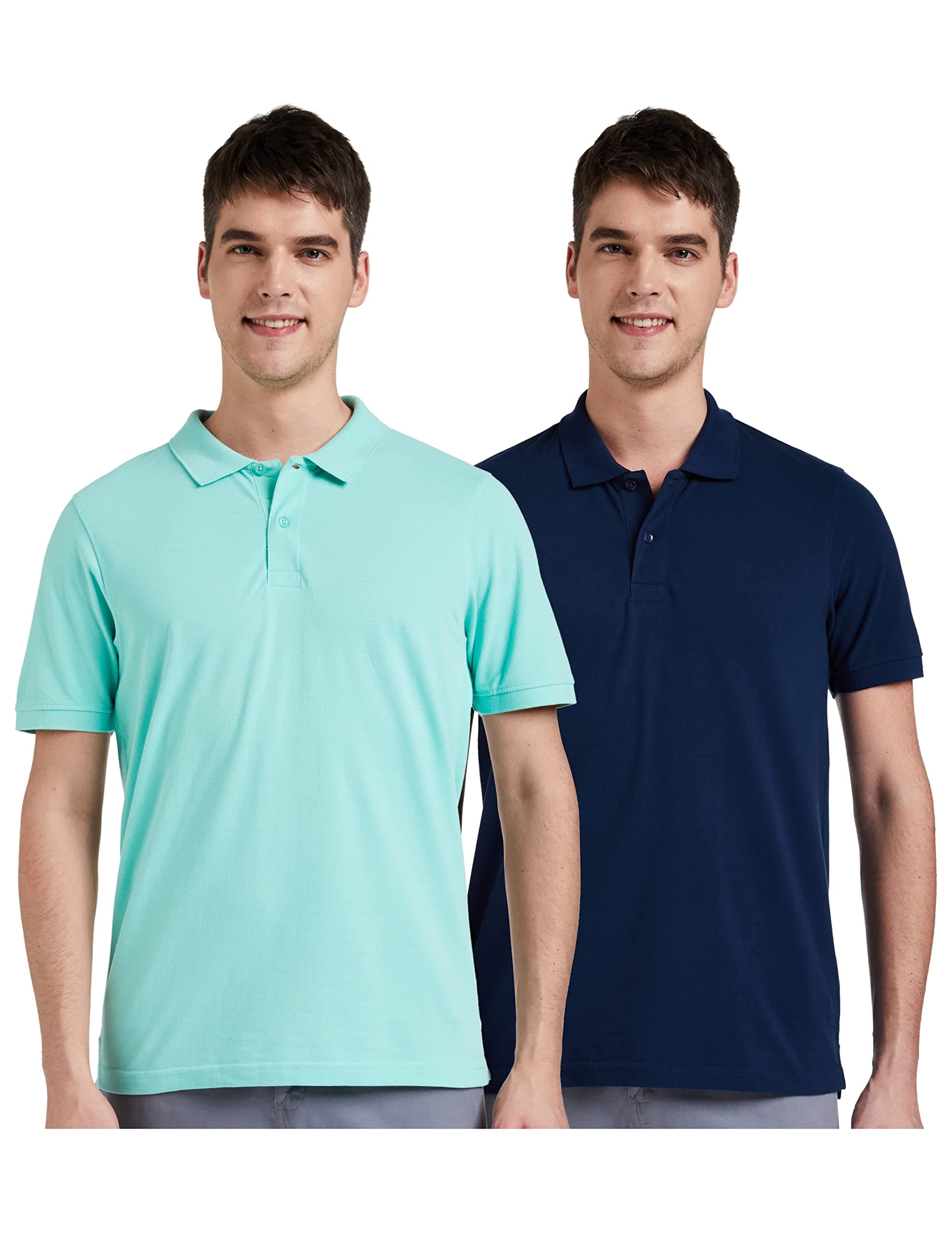 Amazon Brand - Symbol Men's Cotton Rich Polo T Shirt | Collar Tshirts | Half Sleeves | Plain (Combo Pack of 2) - Regular Fit (Ice Green & Poseidon Blue_S)