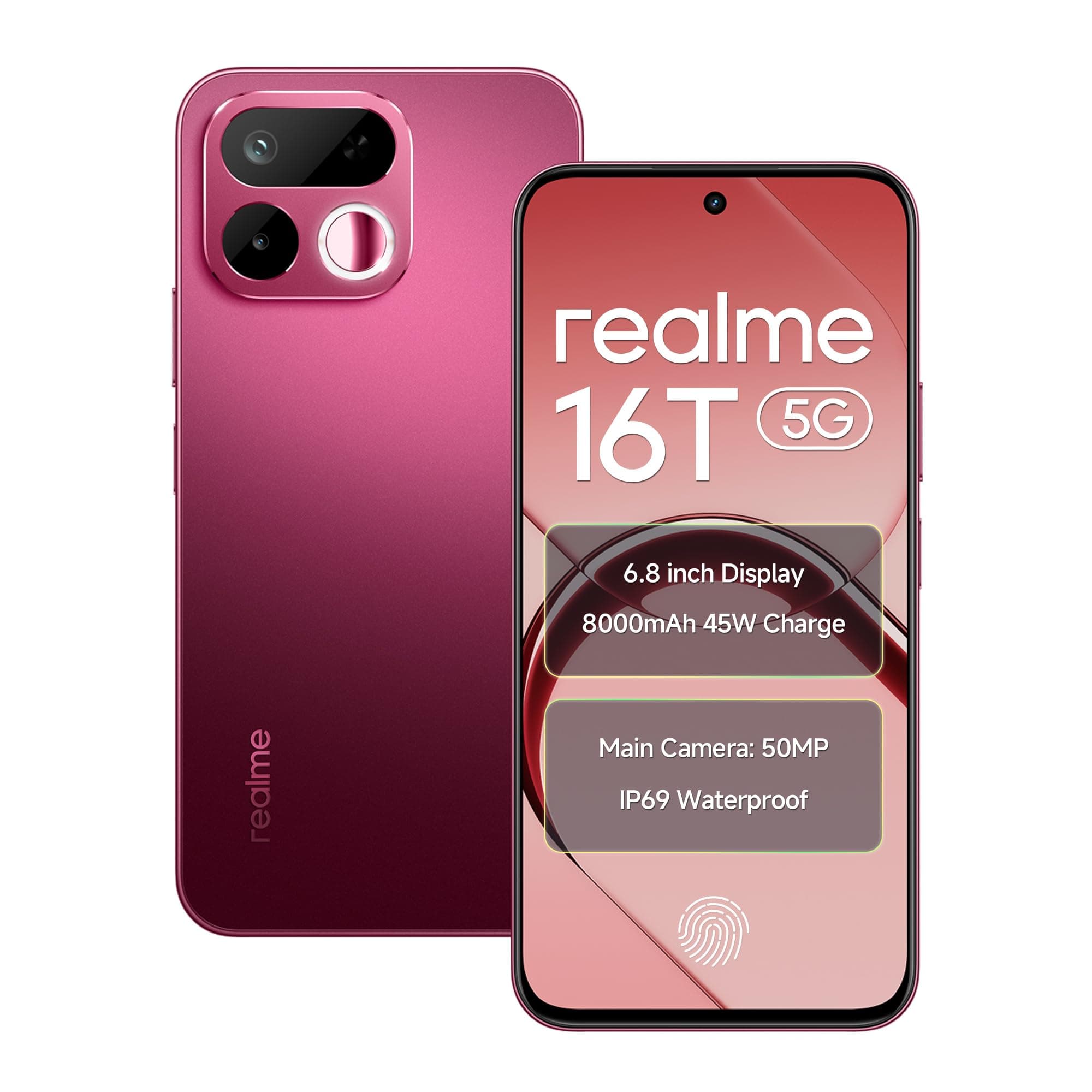 realme 16T 5G Smartphone 8000mAh Batterya 45W Fast Charge, 6.8 inch 144Hz Display, 6GB RAM 128GB ROM, 50mp AI Rear Camera, MediaTek Dimensity 6300 Chipset, Android 16, IP69 Pro Starlight Red