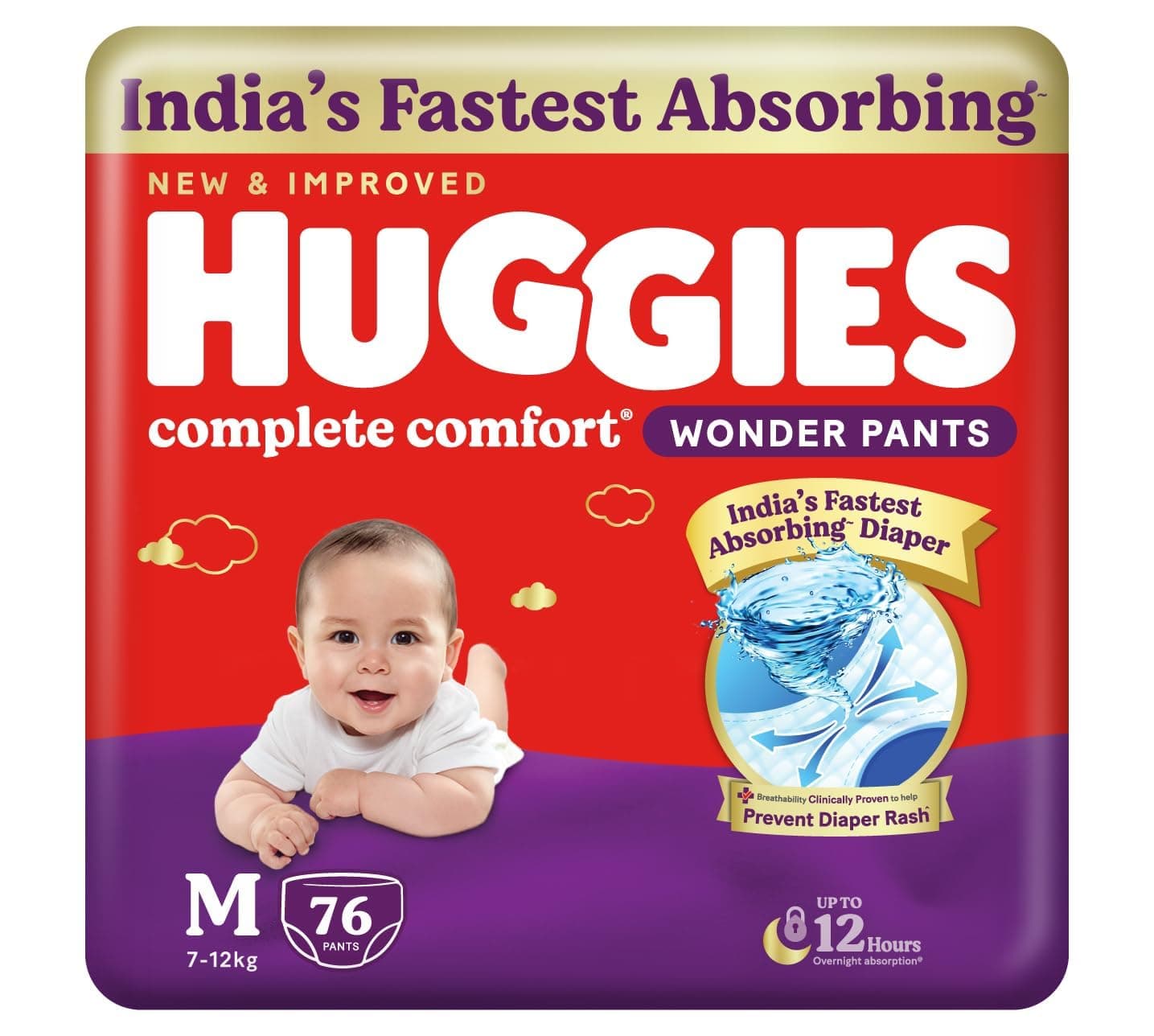 Huggies Complete Comfort Wonder Pants | Pant Style Baby Diapers Medium Size (M), 76 Count | India's Fastest Absorbing Diaper, Prevents Diaper Rash, Ideal for 7 to 12 Kgs