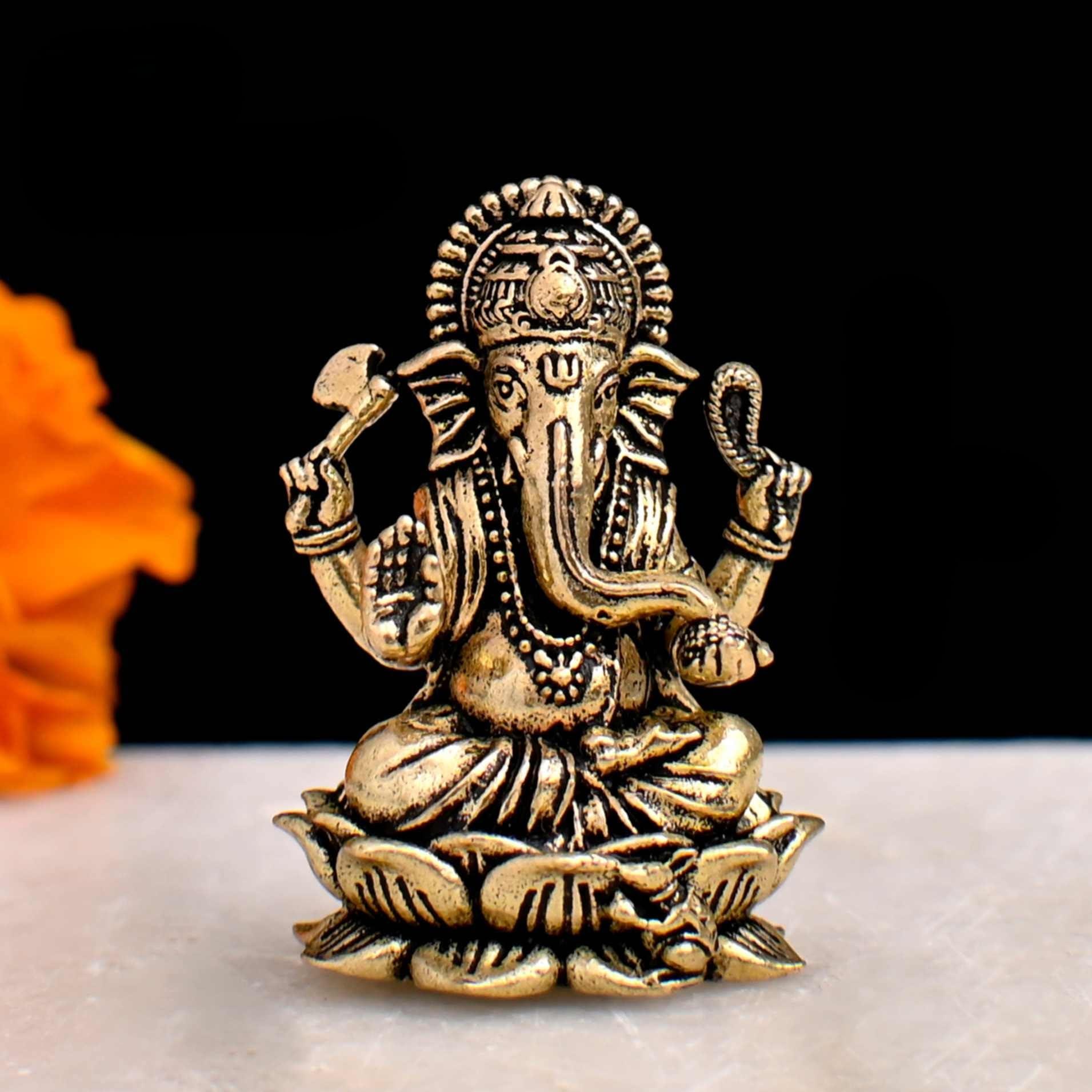 Profound Craft Brass Ganesha Idol for Good Luck & Worship | 1" Mini Ganpati Hindu God Statue Figurine Perfect for Car Dashboard Decoration Puja & Gifting Purpose Sculpture (Weight- 13gm)