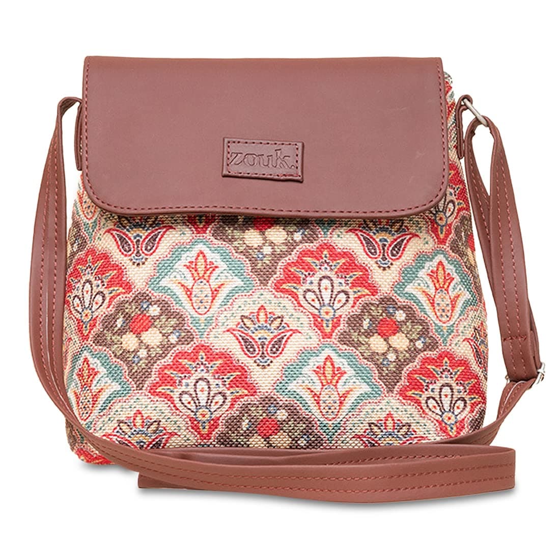 ZOUK Flap Sling Bag | Crossbody Bags for Women | Women's Handbags | Stylish | Vegan Leather Evening Bag | Travel & Office Use | Purse and Wallet | Mughal Art Multicolor Print