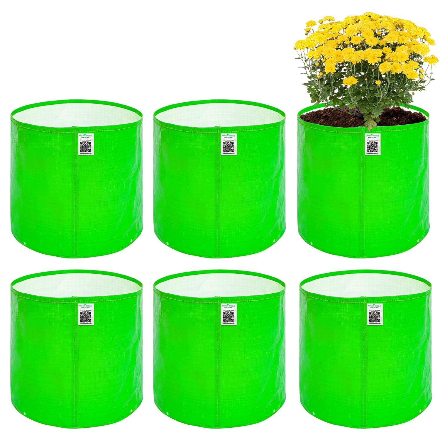 Anandi Green's HDPE Uv Protected 260 GSM Round Green Colour Plants Grow Bags Suitable for Terrace and Vegetable Gardening 15x15 Pack of 6