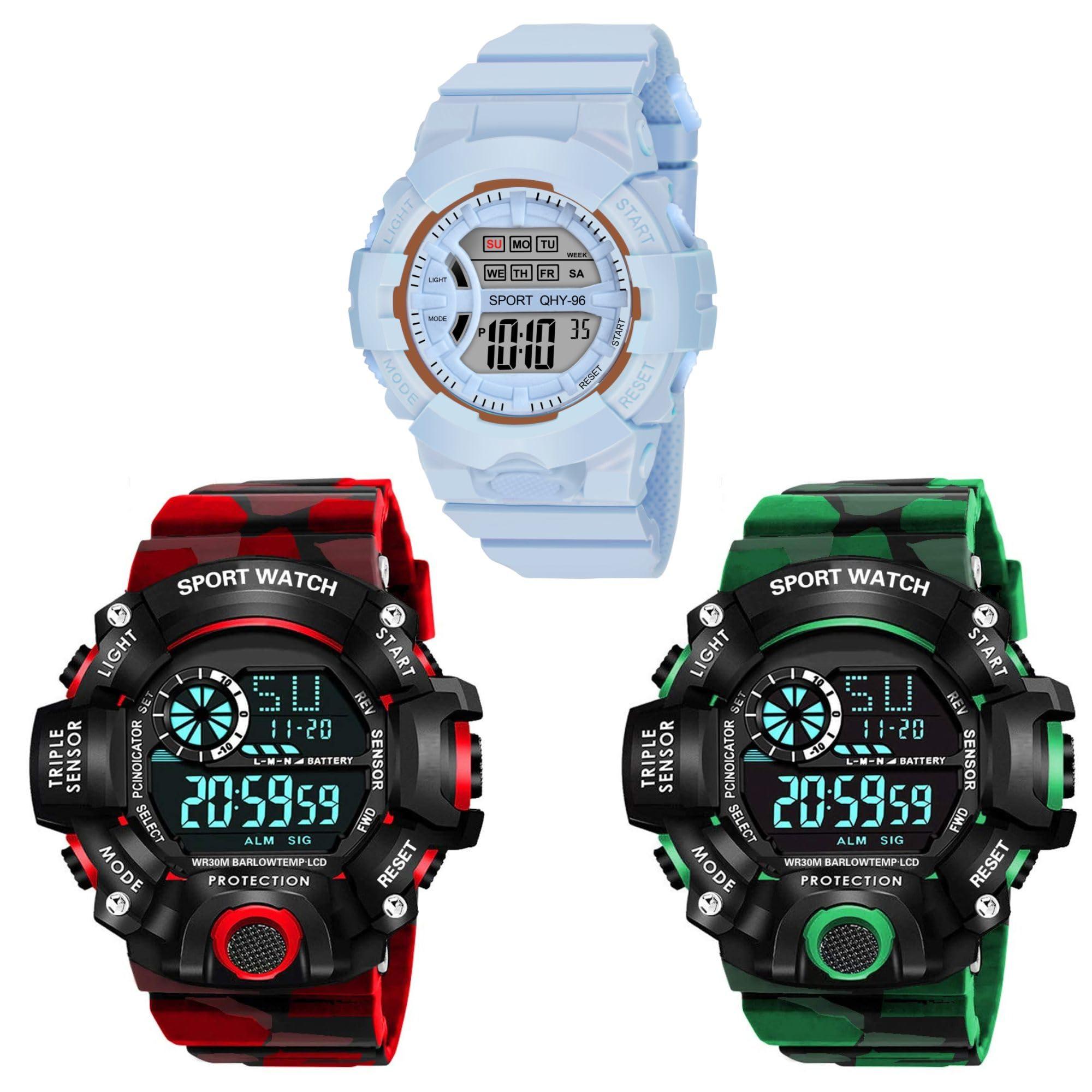 The Shopoholic Red Green Blue Digital Army Strap Sports Day Date Month Combo of 3 Watch for Mens Kids Boys