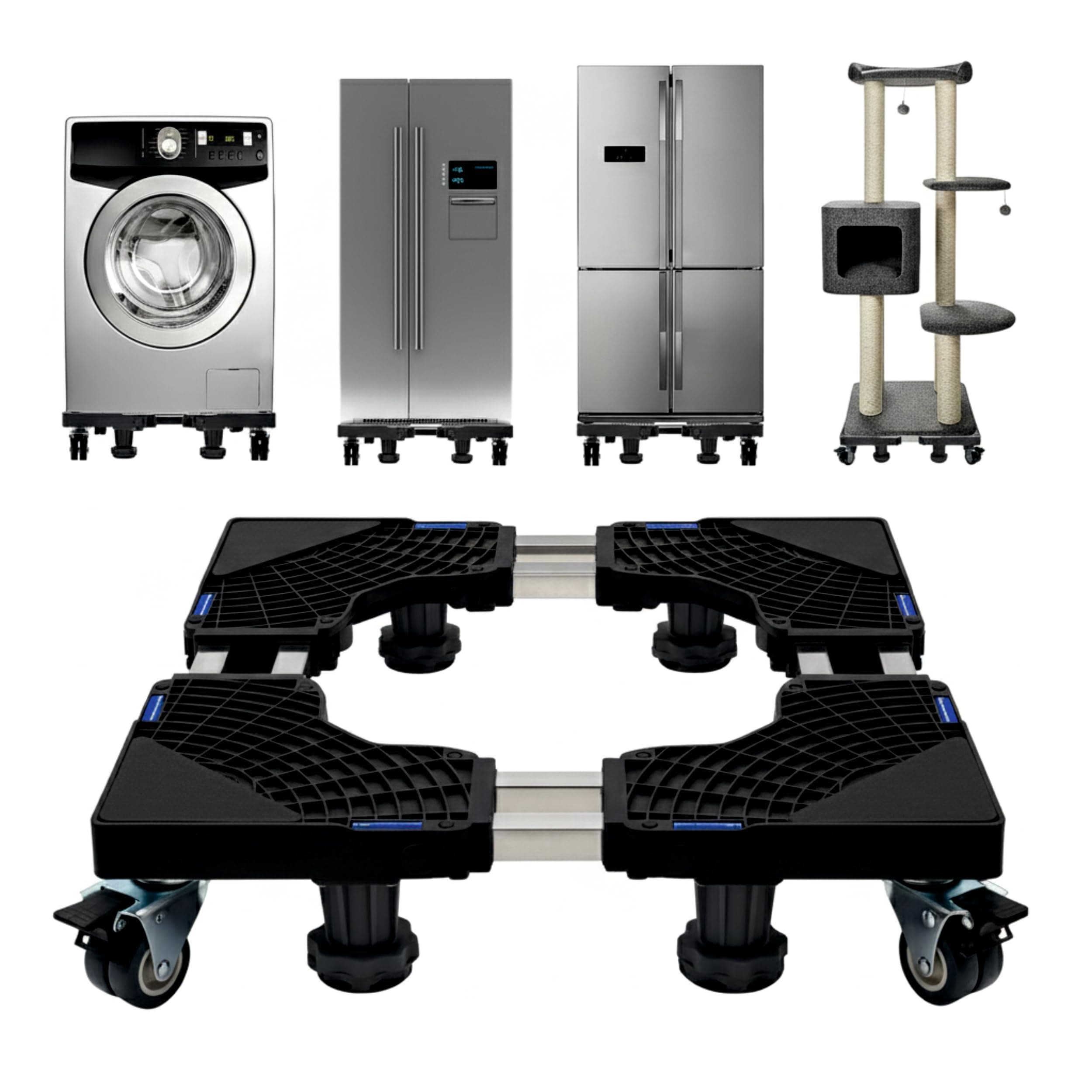 JIALTO Universal Adjustable Washing Machine Stand Heavy Duty Trolley with 4 Lockable Wheels & 8 Legs Movable Base for Fridge & Air Cooler Stand Appliances Load Capacity 300 Kg(WM–Double Pipe, Black)