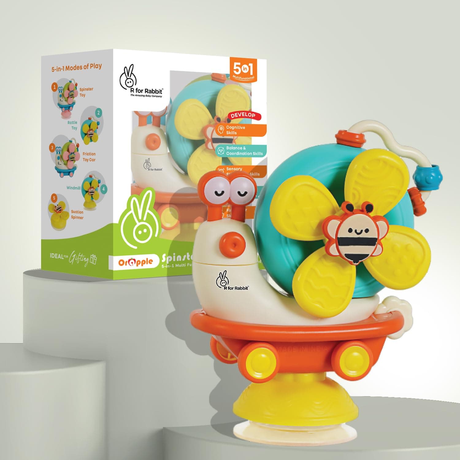 R for Rabbit Orapple Spinster Toy for Baby 5-in-1 Suction Spinner, Rattle, Friction Car, Windmill & Sensory Play | BPA-Free, Safe & Durable | Interactive Learning Toys for 6+ Months Kids(Orange Cream)