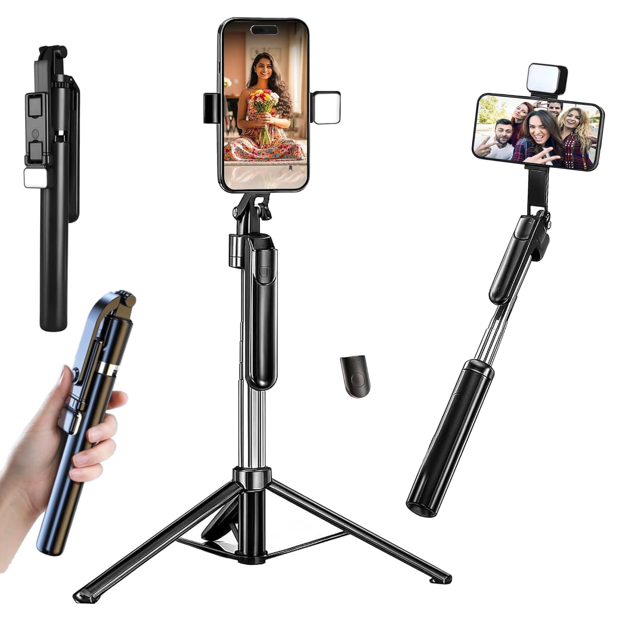 Kratos Selfie Stick Tripod Stand with Light 67 inch/1.7 M, 360° Rotation Handle for Anti Shake Shooting Tripod, Multifunctional Bluetooth Tripod for Mobile Phone Vlogging, Live Stream and Travel