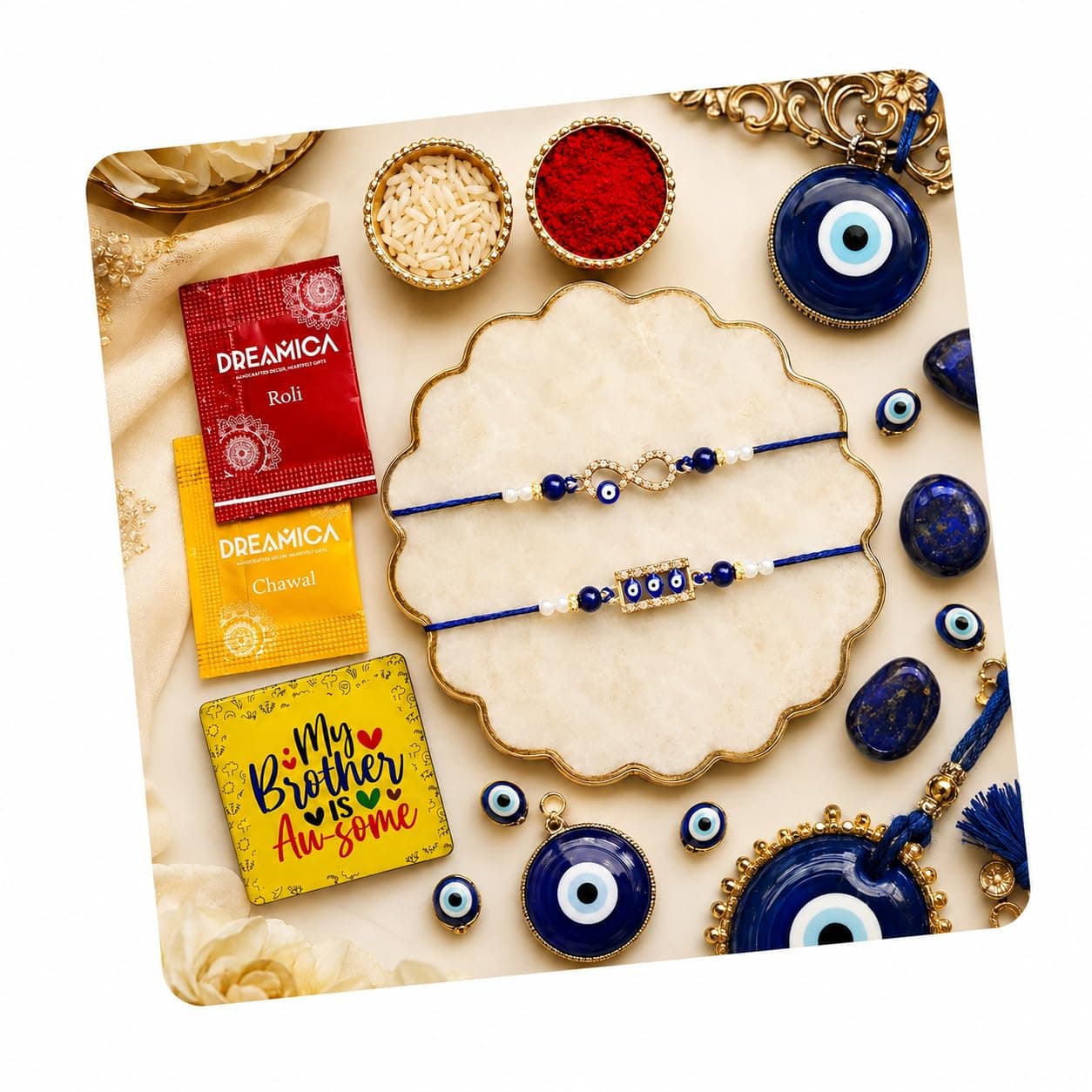 Dreamica Set of 2 Designer Rakhi for Brother | Combo with ‘My Brother Is Awesome’ Fridge Magnet, Tilak Set (Roli-Chawal), and Greeting Card | Best Rakhi Gift For Brother (Rakhi-92)
