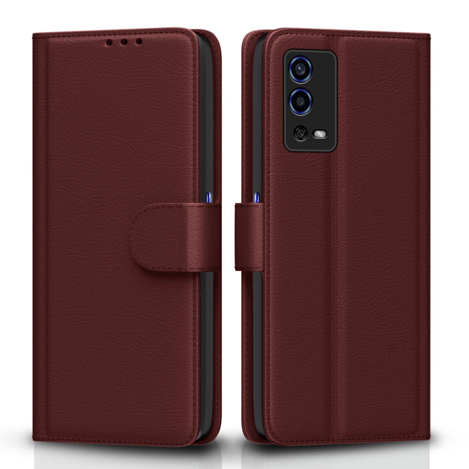 Pikkme Oppo A55 Flip Case Leather Finish | Inside TPU with Card Pockets | Wallet Stand and Shock Proof | Magnetic Closing | Complete Protection Flip Cover (Brown)