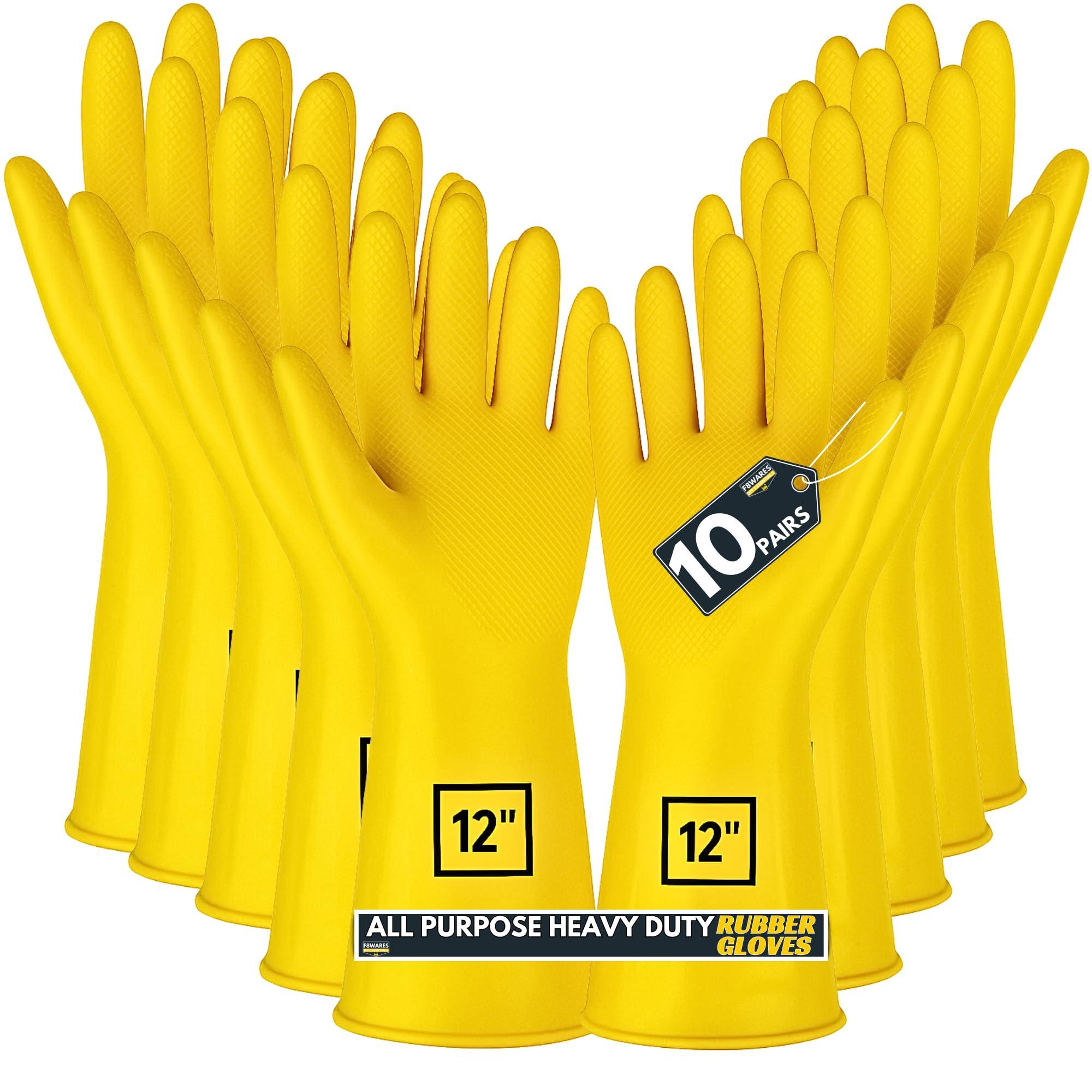 F8WARES 10 Pairs All Purpose Heavy duty Rubber Hand Gloves for Cleaning, Kitchen, Washing Utensils, Gardening, Industrial, Safety, Construction & More - Waterproof Bathroom & Toilet Gloves