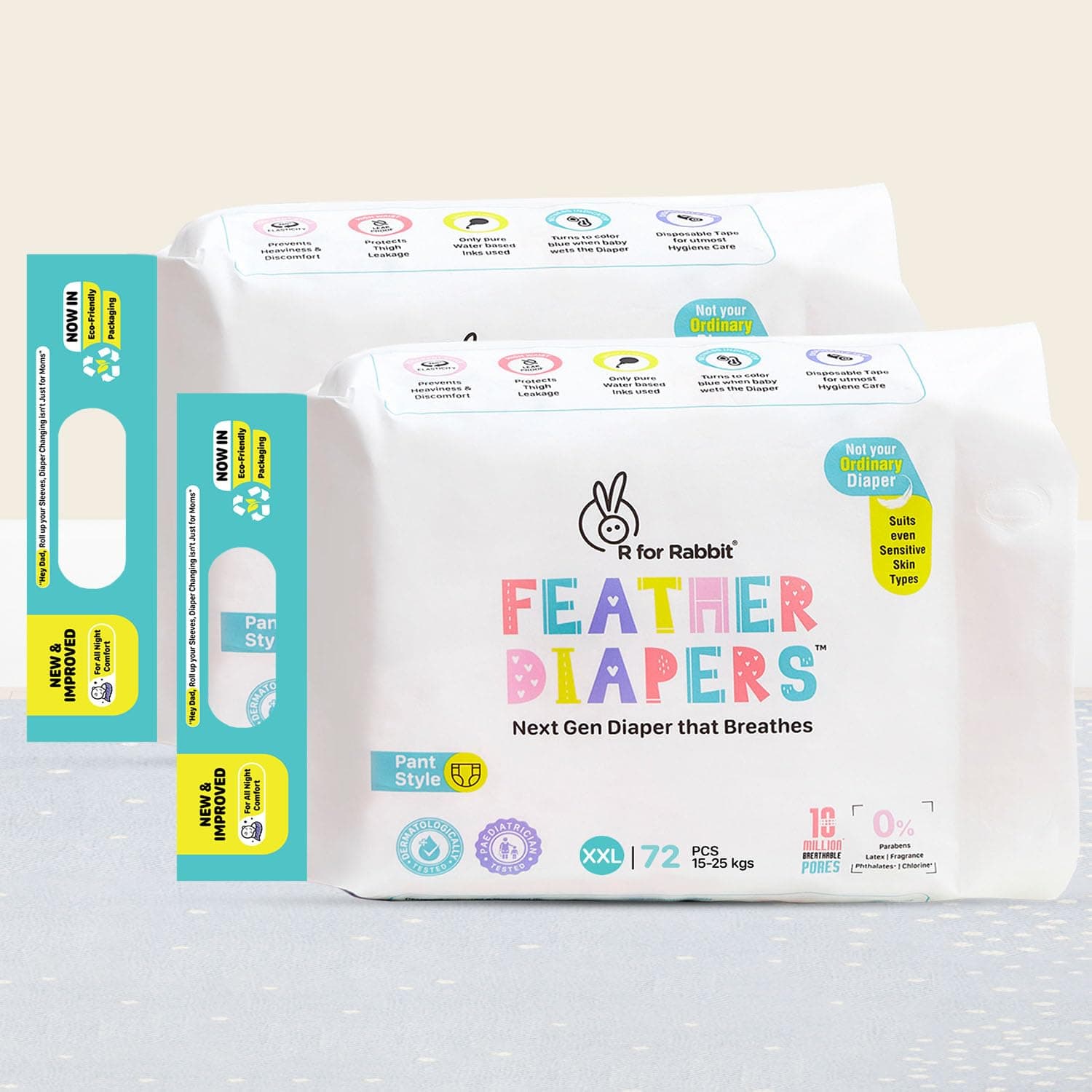 R for Rabbit Pant Style Feather Diaper XXL Size for Baby 15+ kgs 144 Units (72 Count, Combo Pack of 2)