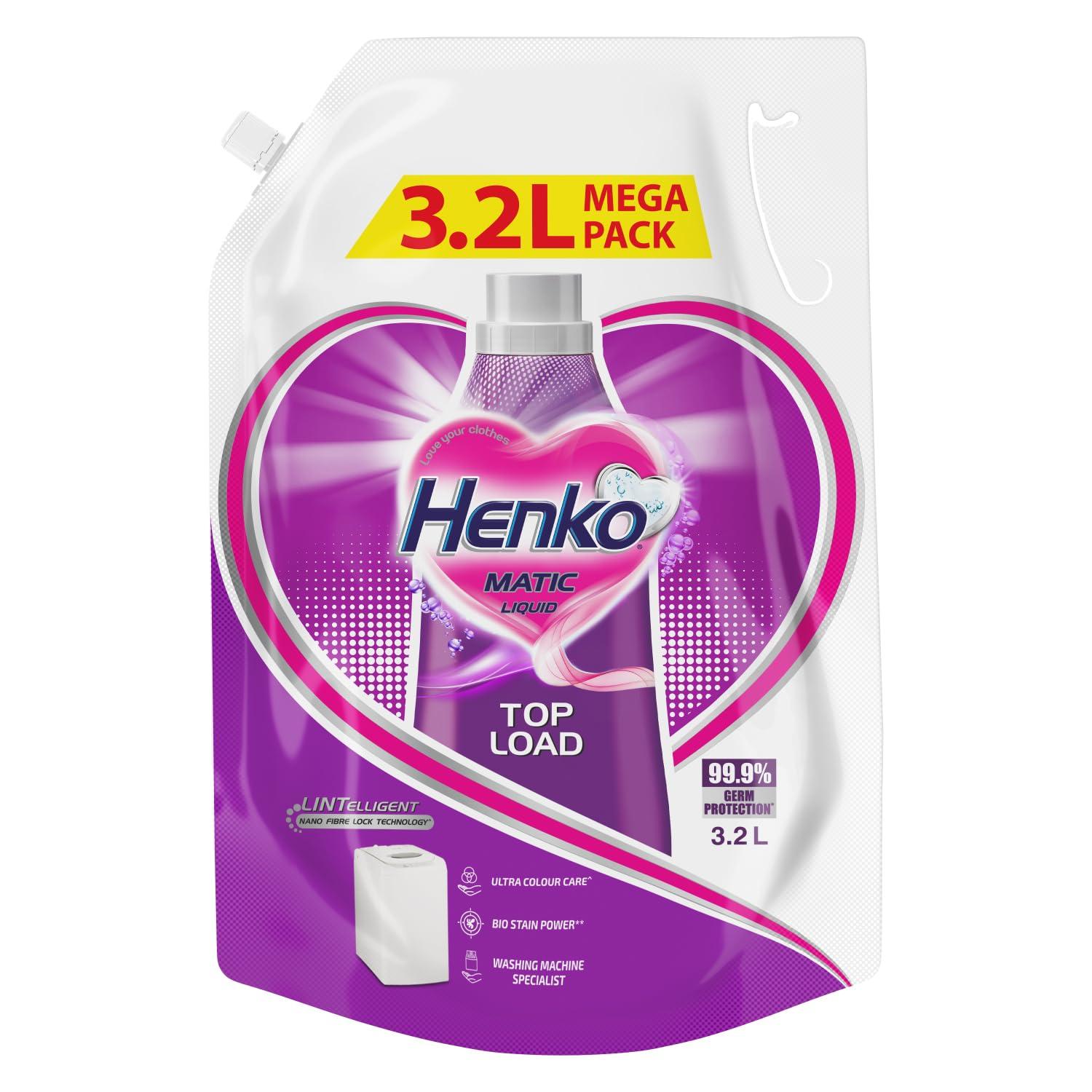 Henko Matic Top Load Liquid Detergent - 3.2L Refill Pouch with Nano Fiber Lock Technology, 99.9% Germ Protection, Bio Stain Power & Ultra Color Care which maintains the Newness, Color & Shine