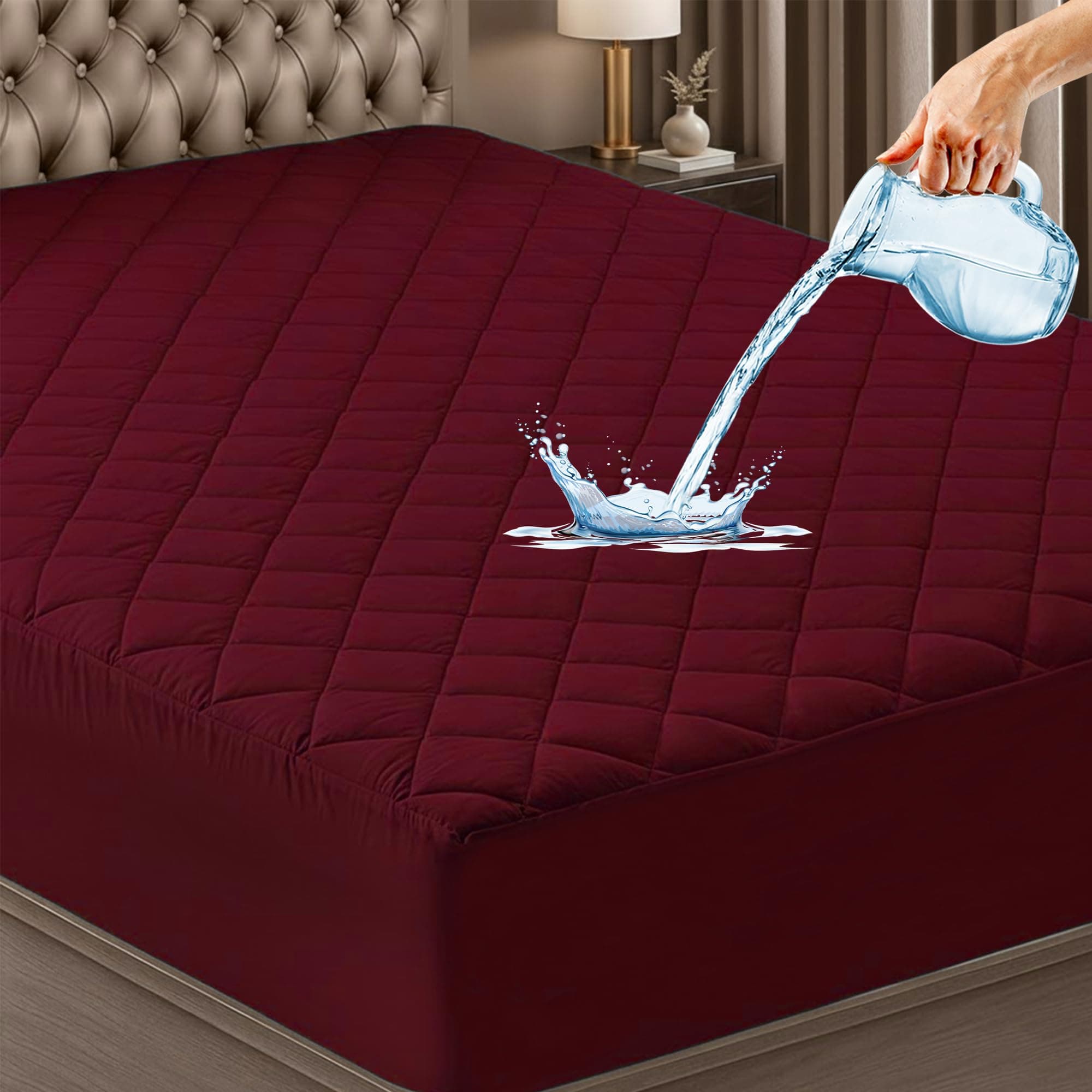 GADDA CO Waterproof Cotton Quilted Mattress Protector Queen Size (78x60 Inch | 6.5x5 Ft) | Breathable Hypoallergenic Noiseless Ultra Soft Elastic Fitted Bed Protector | Washable Bed Cover - Maroon