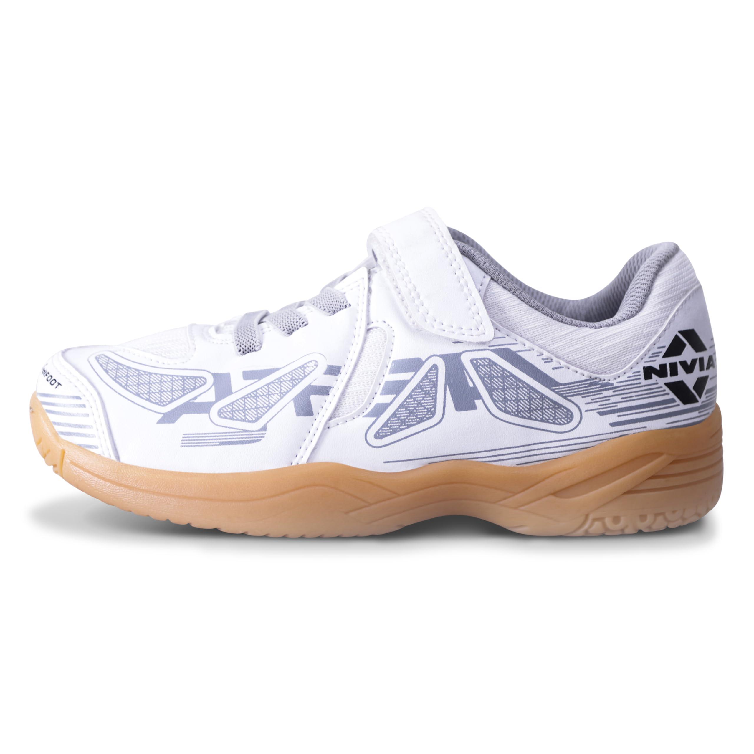 Nivia Appeal 3.0 Badminton Shoes for Kids, Mesh & PU Upper, Duofoam Midsole, Non‑Marking Hex-Grip Round Sole (White/Grey), UK11