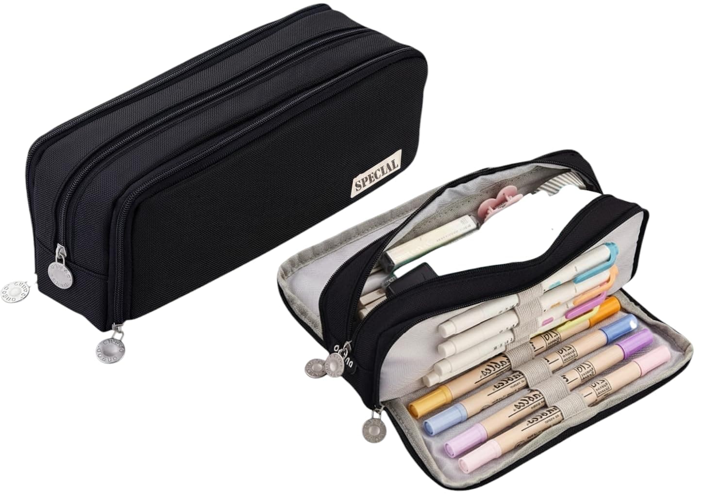 Supreme Deals® Aesthetic Large Pencil Case 3 Compartments Zipper Pencil Pouch Big Capacity Pencil Bag for Kids Girls Boys Student School Supplies Oxford Organizer Cosmetic Makeup Pouch (Black)