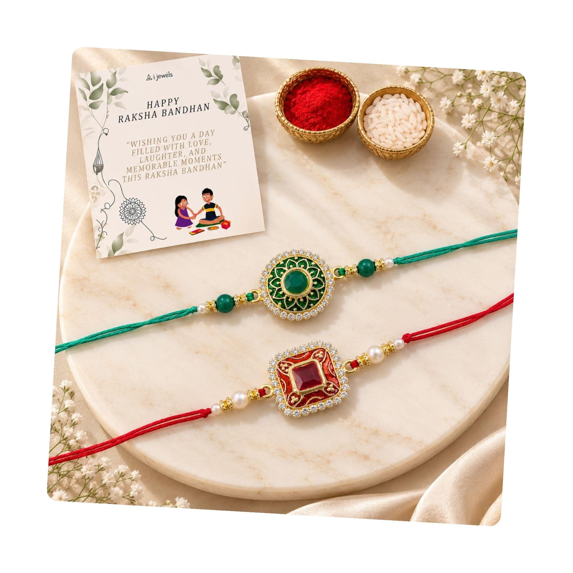 I Jewels Pearl & Kundan Designer Bhaiya Rakhi with Roli Chawal & Rakshabandhan Card for Brother/Bro/Bhai (R098M-100G)