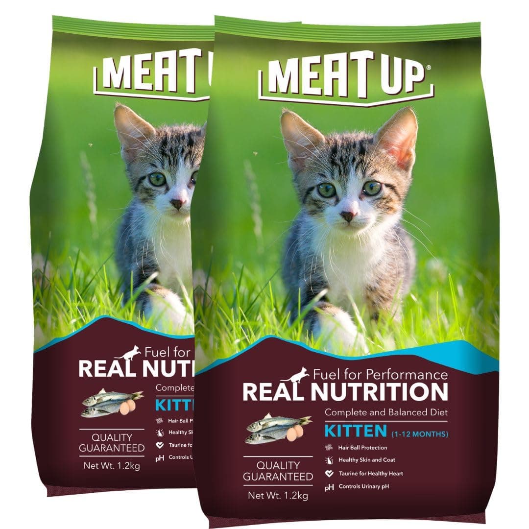 Meat Up Kitten Dry Cat Food (Up to 12 Months) 1.2kg + 1.2kg (Total 2.4kg Pack) | Ocean Fish Flavour | Complete Nutrition | Taurine for Heart
