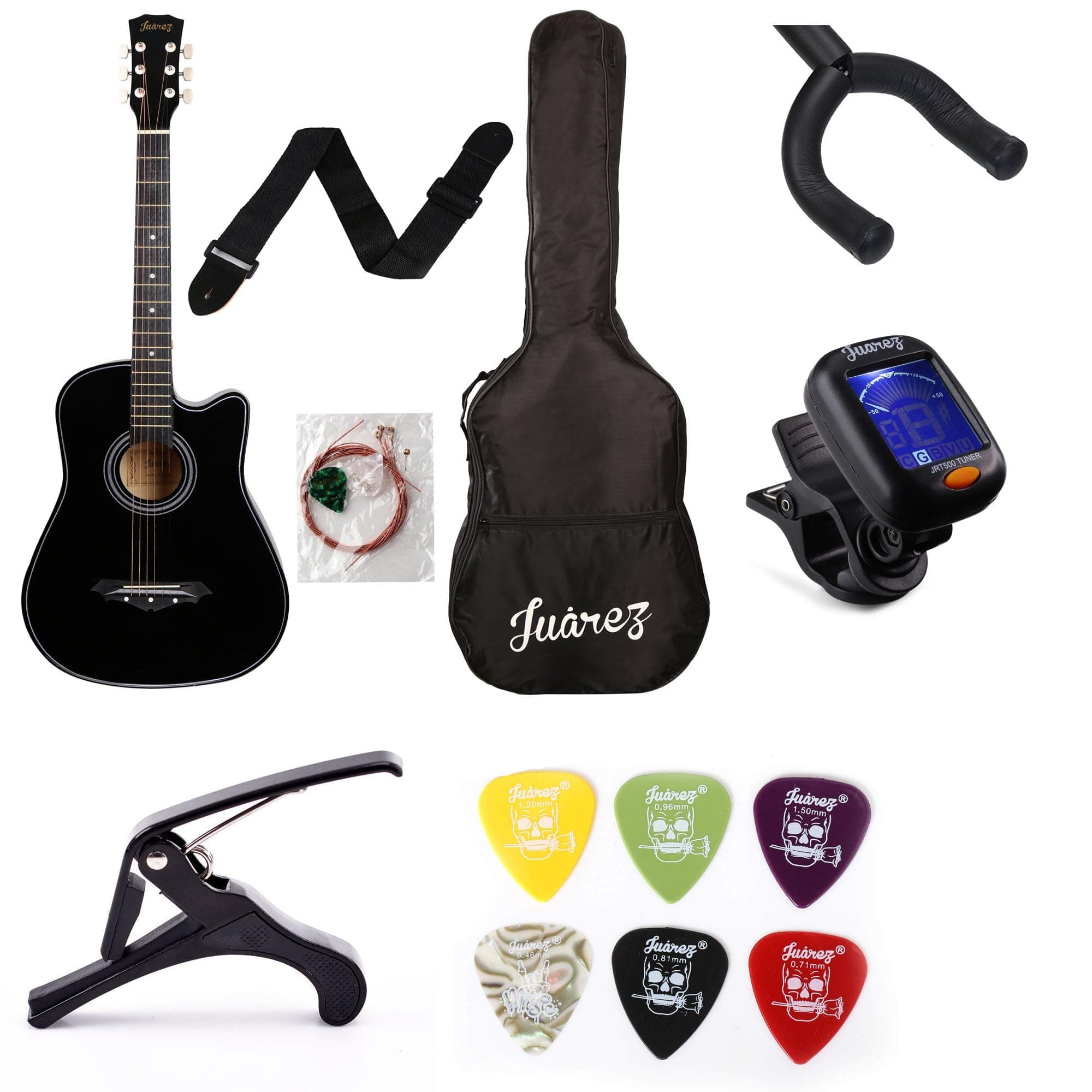 Juârez Acoustic Guitar Kit JRZ38C/BK 38” Cutaway (Black) with Bag, Strings, Strap, Pick | Combo with Capo, Wall Mount, Tuner & 6 Guitar Picks Set – Complete Beginner Guitar Package