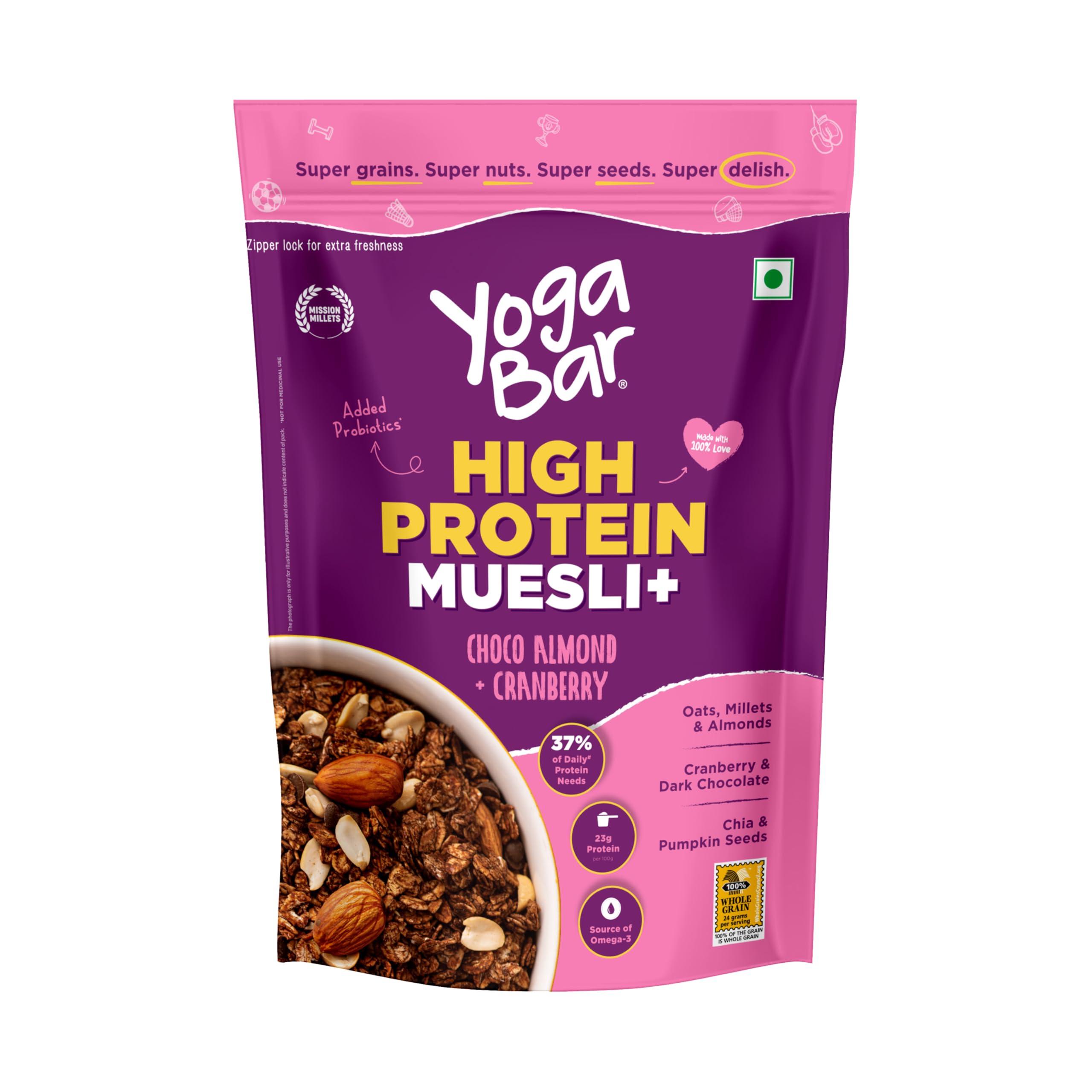 Yogabar High Protein Muesli 850g | 23g per 100g Protein | Choco Almond & Cranberry | Easy on gut