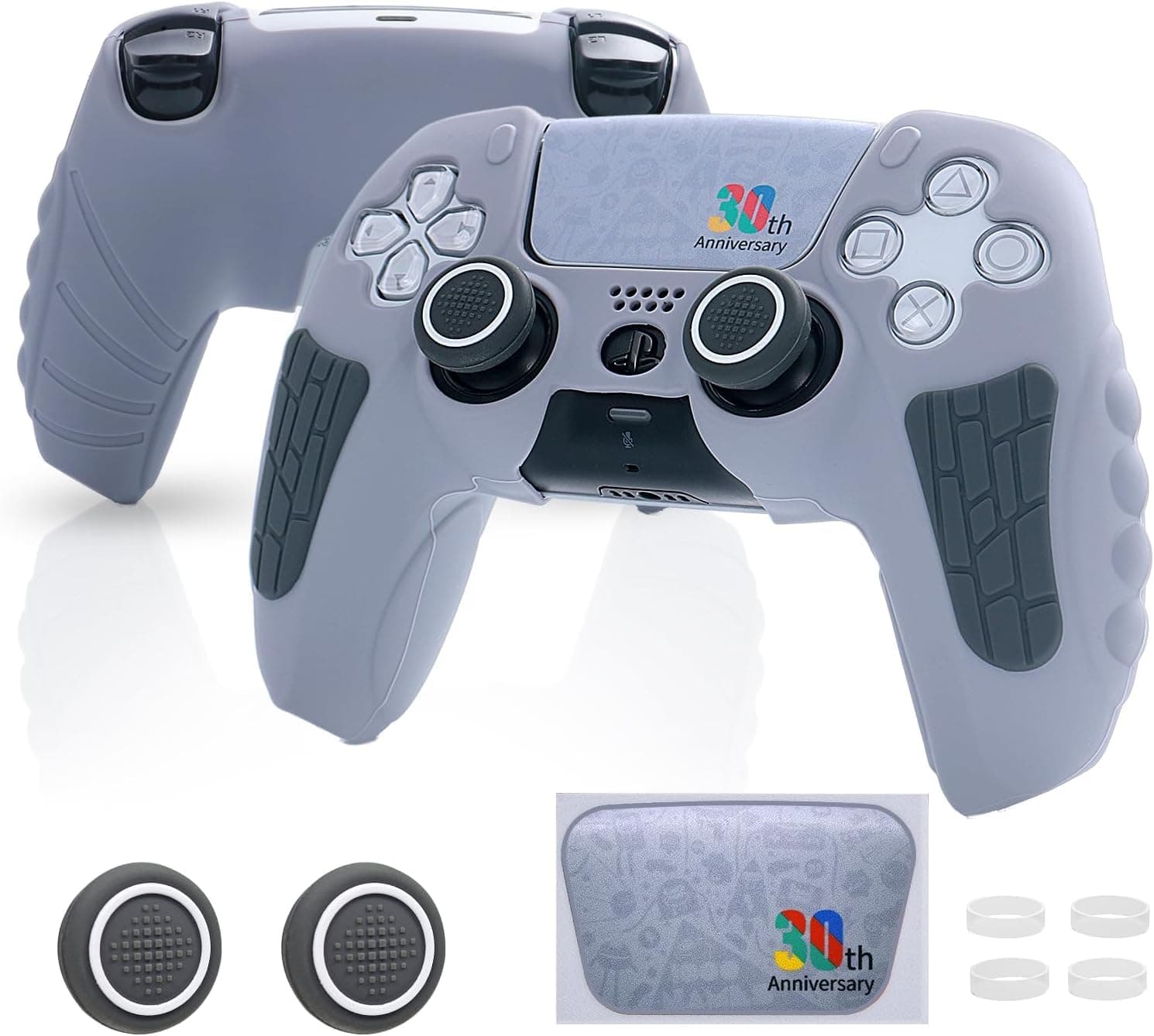 Meyaar for PS5 Controller Cover Case, Anti-Slip Silicone Cover Skin Compatible with PS5 Dual Sense Controller with Thumb Grip Caps, Controller Sticker (Light Grey Anniversary)