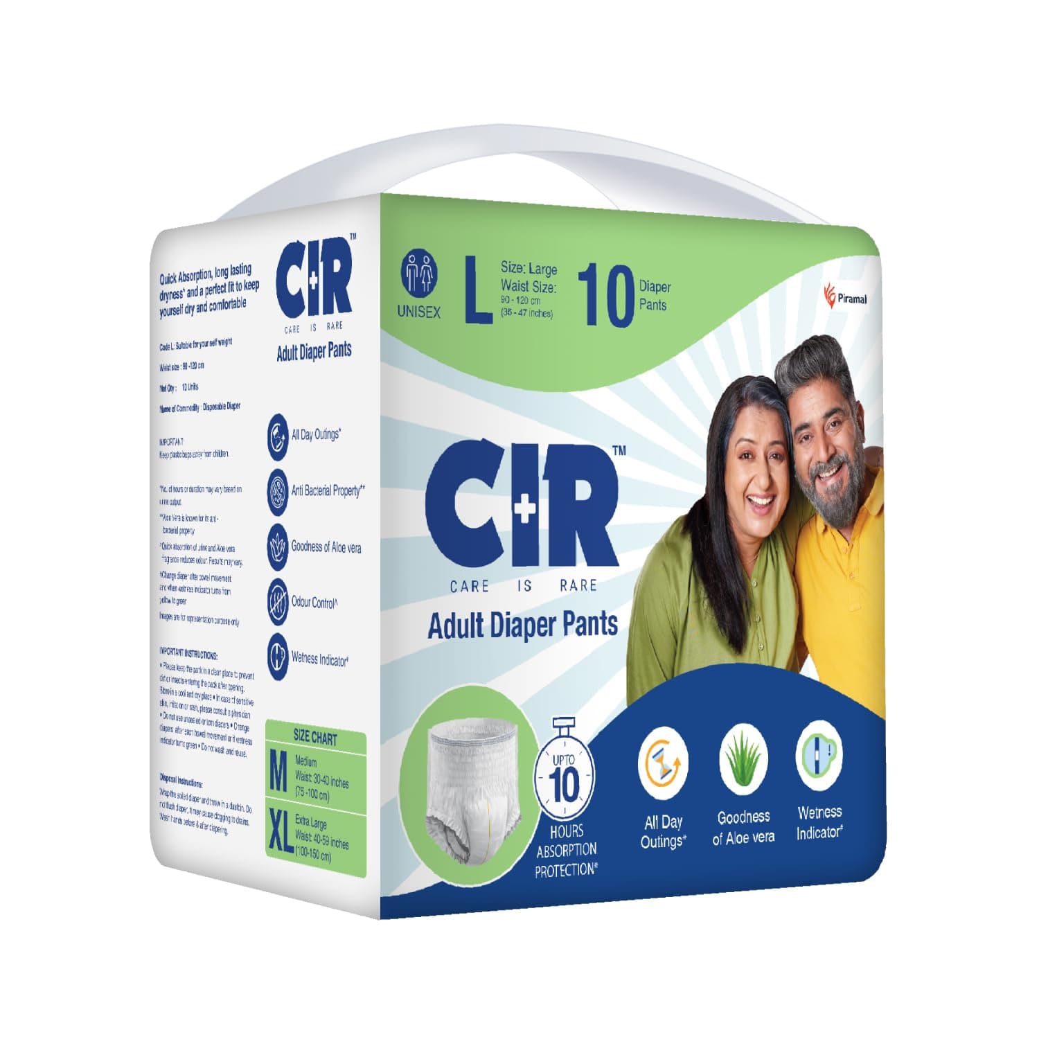 CIR Adult Diaper Pants Style | Adult Diaper Large Size (L)|Waist (90-120cm I 35" - 47") |10 hr Absorption-Protection | Unisex with Wetness Indicator | Odour Control | Goodness of Aloe Vera | 10 Units