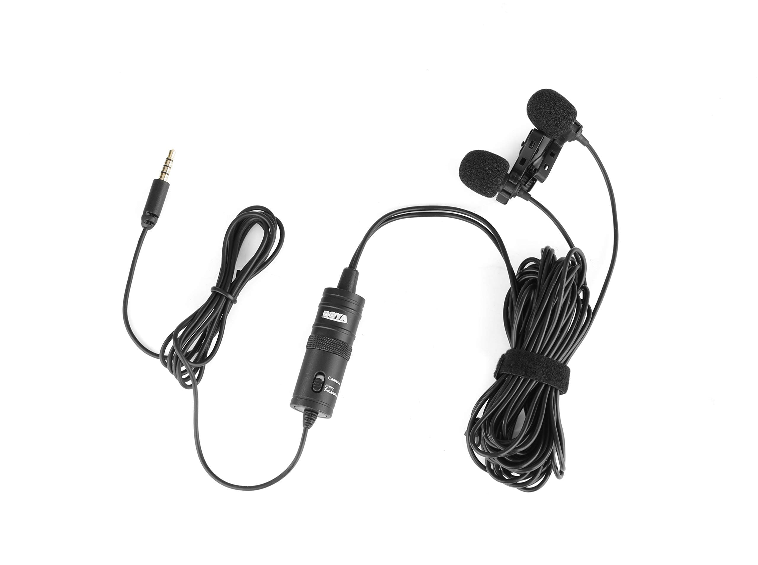 BOYA BY-M1DM Dual Lavalier Universal Auxiliary Omnidirectional Microphone with a Single 1/8 Stereo Connector, 13ft Cable for Cameras and Smmartphones, Black