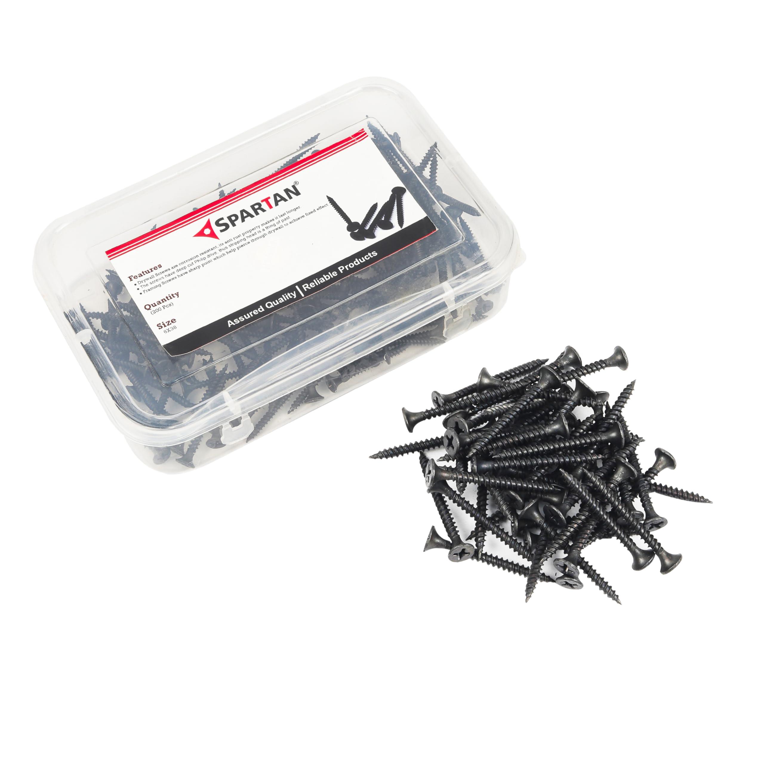 Spartan Dry Wall Gypsum Screw | Size 6X25 mm, Black Oxide Finish, Philips Drive Screws, Unbeatable Hold, Hardened Carbon Steel for Fixing Wood, Plasterboard, Plywood (200 Pieces)
