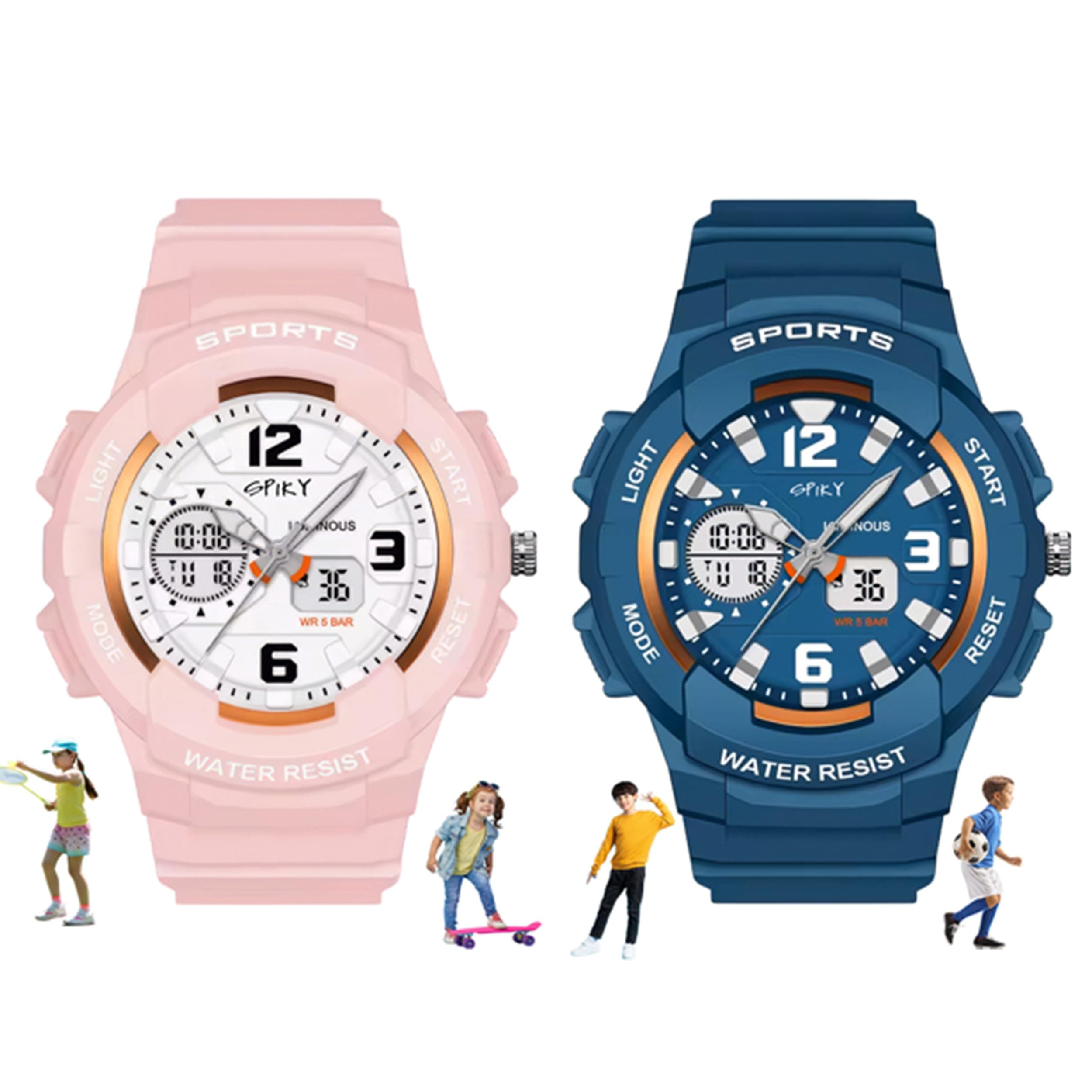 SPIKY Analog Digital Watch for Kids Combo (Pink & Blue) | Multifunctional, Dual Time & 7 Multicolor LED Luminous Display | Water Resistant | Birthday Gift Wrist Watches for Boys & Girls (Age 2-14 Yrs) | Pack of 2