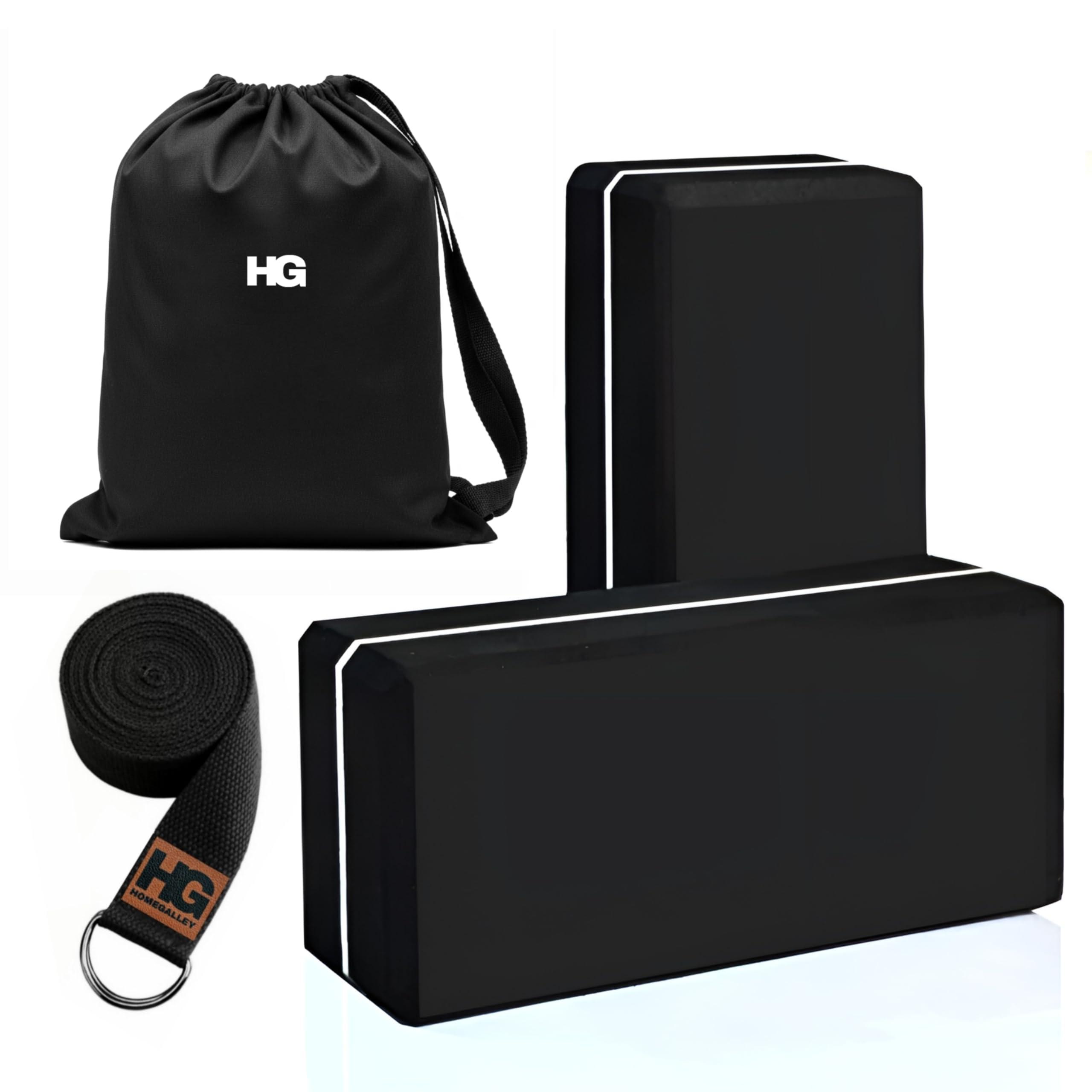 HOMEGALLEY Yoga Blocks for Beginners Yoga Blocks Pack of 2 with Belt for Exercise High Density Eva Exercise Block Pair to Improve Strength, Balance, Stretching for Women and Men, Black
