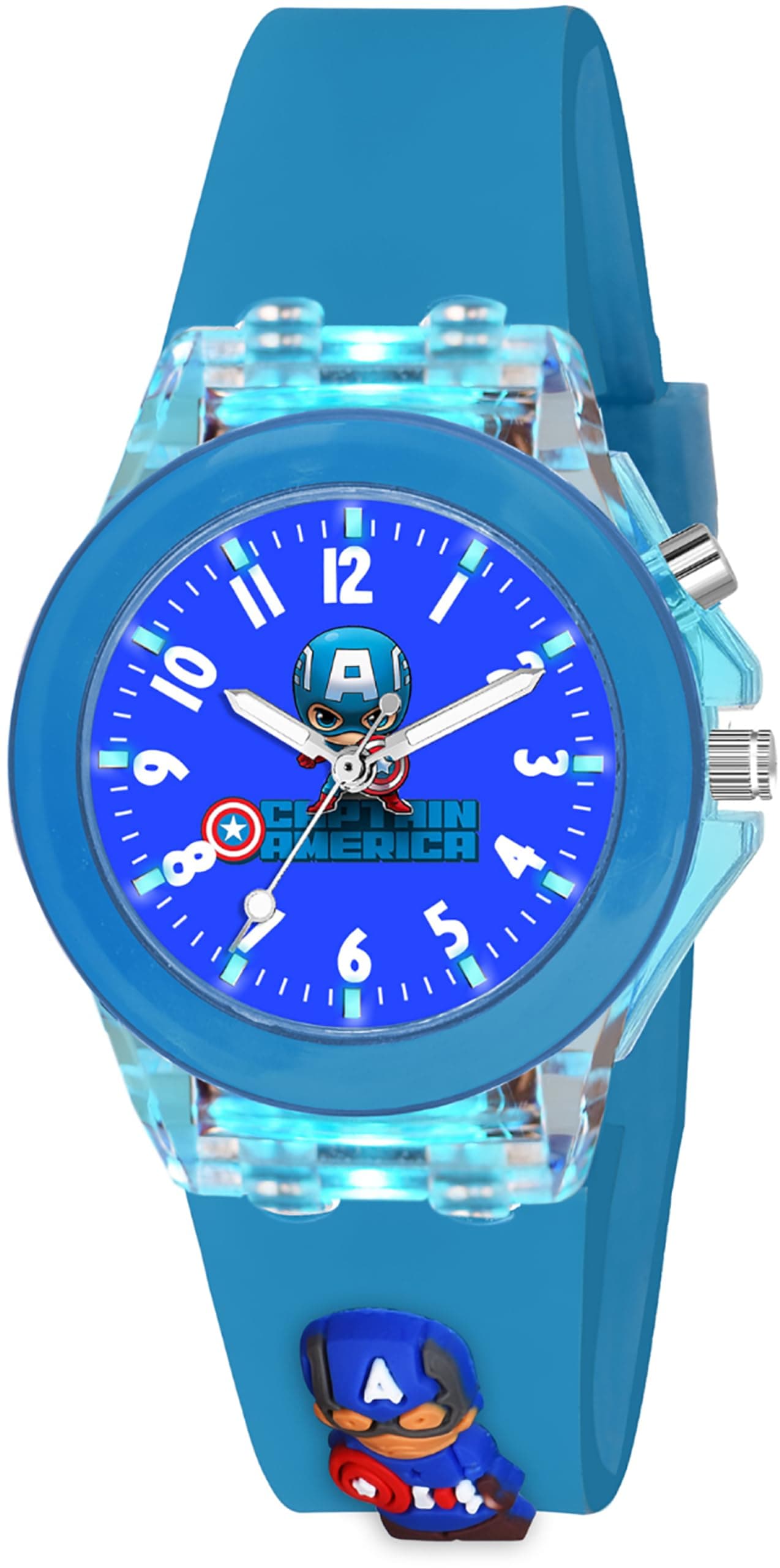 PAPIO® Blue Color Silicone Band Cute Cartoon Design Multi-Function 7 Color Light Analog Wrist Watch for Kids, Children, Boys, and Girls (KD-025)