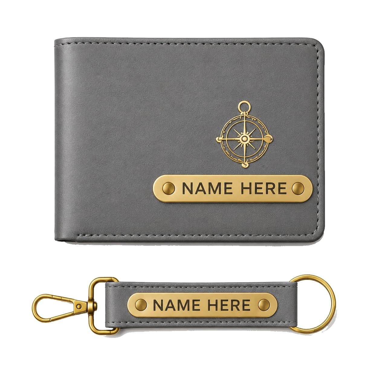 OMMIV Premium Customized Wallet & Keychain Combo for Men – Stylish Faux Leather Gift Set with Personalized Name & Charm – Ideal Birthday, Anniversary & Festival Present (Grey)