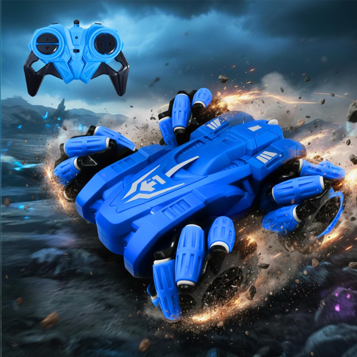 Frendo Remote Control Drift Stunt Car 4WD | 360° Rotating | Dual Sided Climbing | High-Speed Tumbling | Rechargeable Stunt Car | C-Type Charging | Remote Control Car for Kids | Made in India. (Blue)