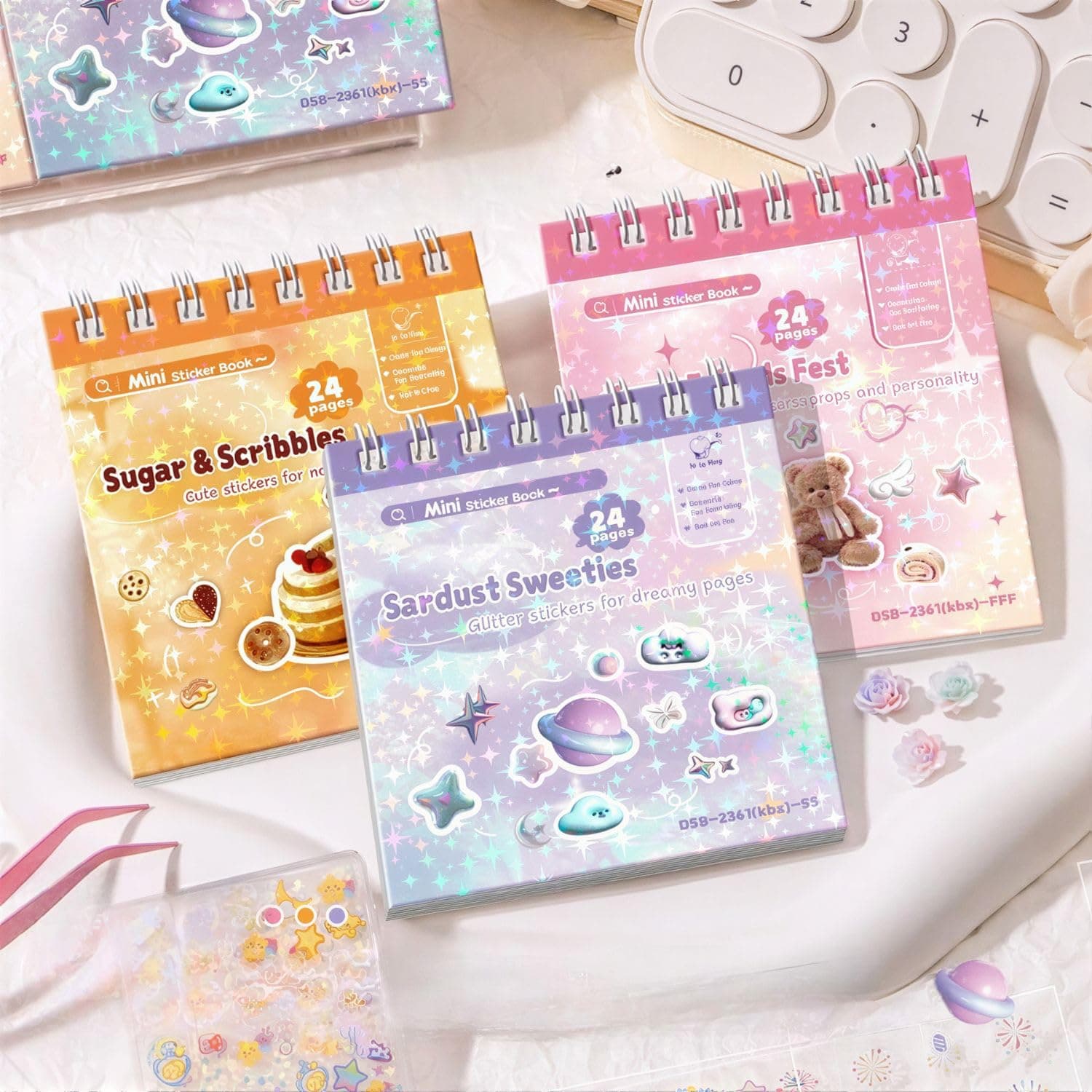FunBlast Set of 3 Mini Sticker Books with Craft Tweezer - 72 Sheets/4320+ Stickers, Kawaii Glitter Sticker Book for Nail Arts, Scrapbooking, Journaling, DIY Craft, Planner Decoration Stickers