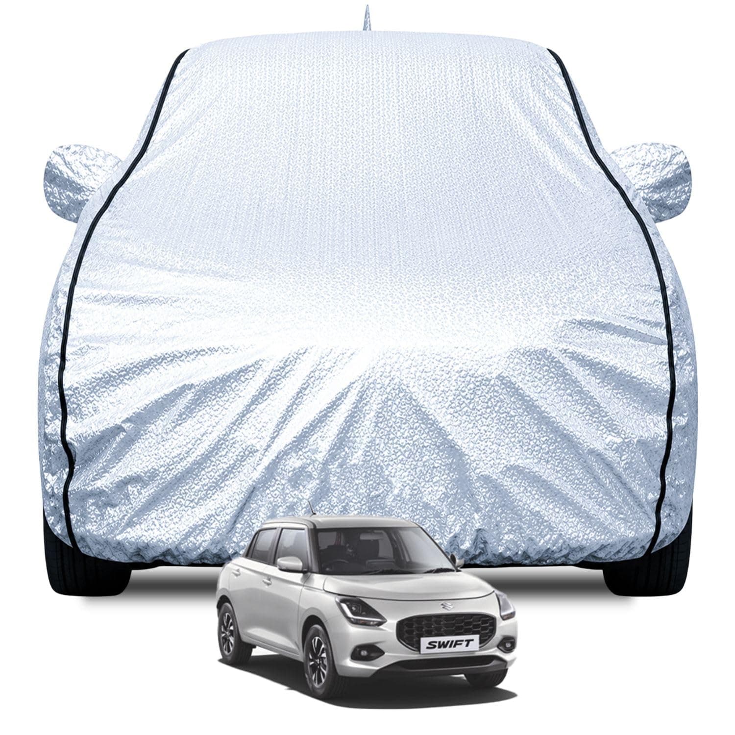 FABTEC Waterproof Car Body Cover for Maruti Swift (2018-2023) with Mirror and Antenna Pocket, Soft Cotton Lining, Triple Stitched (Heat Resistant Metallic Silver with Black Piping)