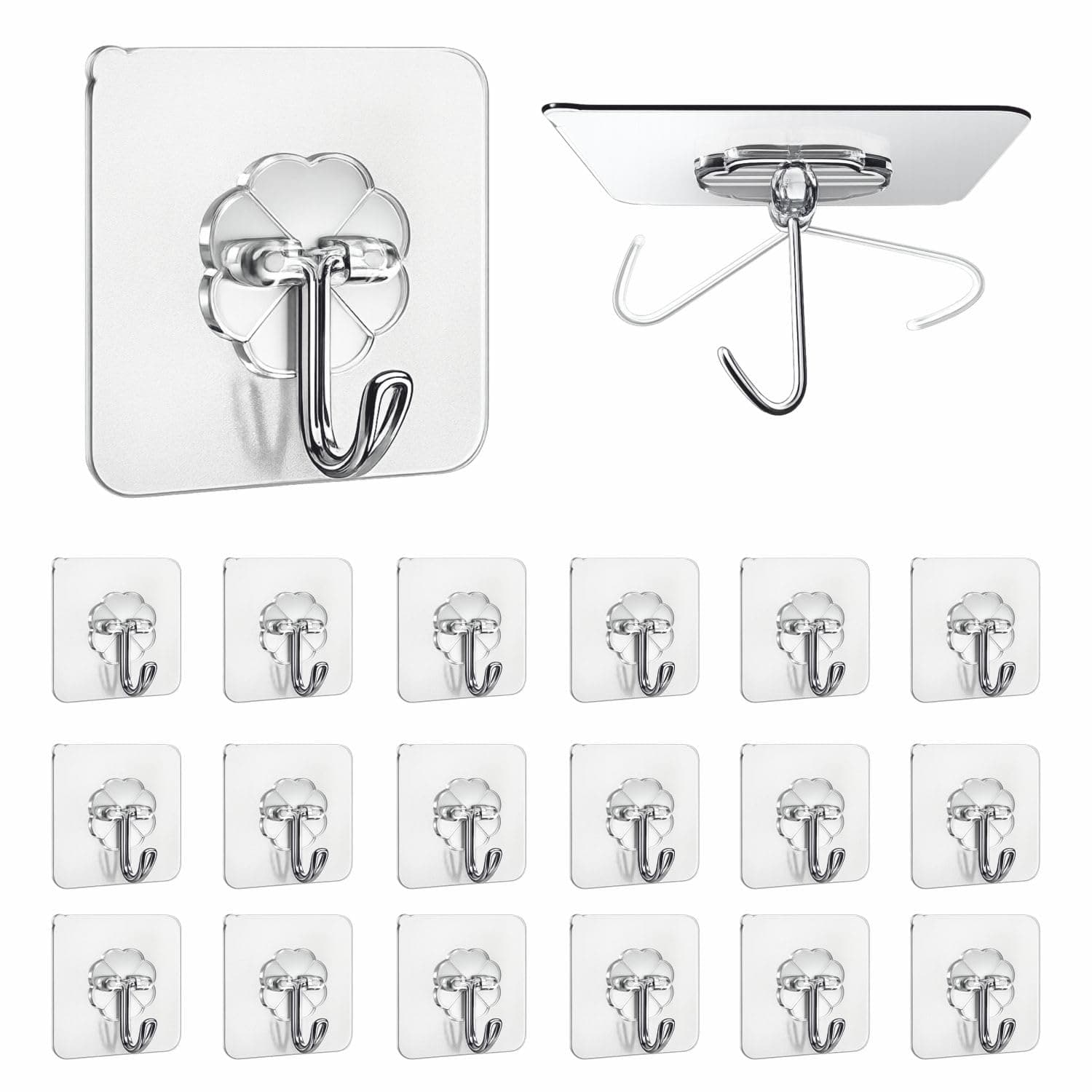 JIALTO Plastic 20 Pcs Wall Hanging Hooks for Without Drilling, Self Adhesive Hooks for Wall Heavy Duty Strong Nail Free, Kitchen Accessories Items, Transparent