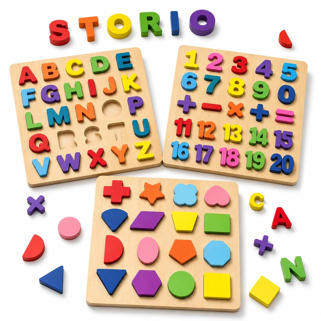 Storio Toys 3 in 1 Wooden Puzzles for Toddlers | Educational Board Game ABCD Alphabets, Numbers & Shapes Puzzles | Toddler Learning Puzzle Toys for Kids 1-3 Years Old | Early Education Gift for Kids