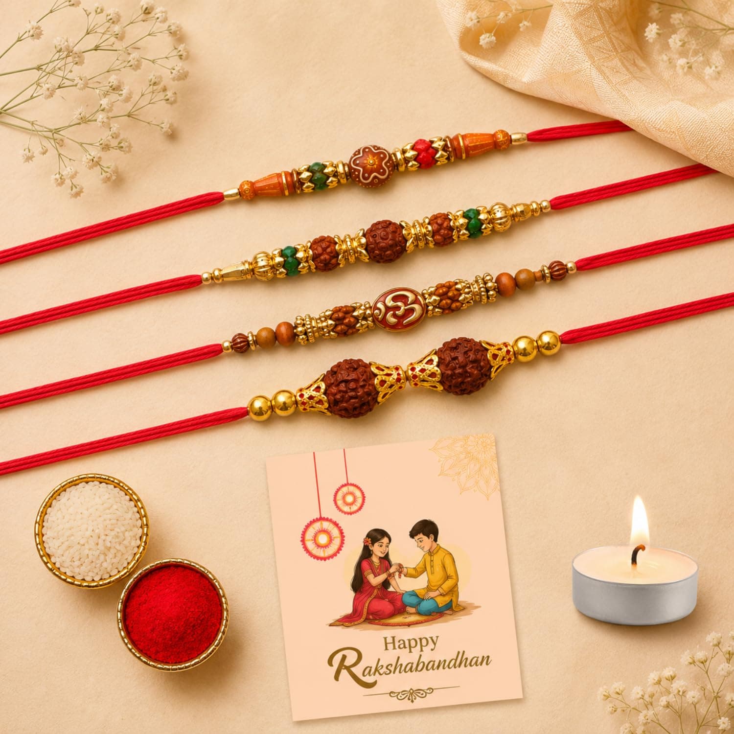 DRYPHON Combo Rakhi Set for Brother and Bhabhi |Set of 4 Premium Mauli Thread Rakhi Set with Roli Chawal Tilak Set and Greeting Card | Rakhis for Rakshabandhan with Tealight Candle for Aarti (NR402)