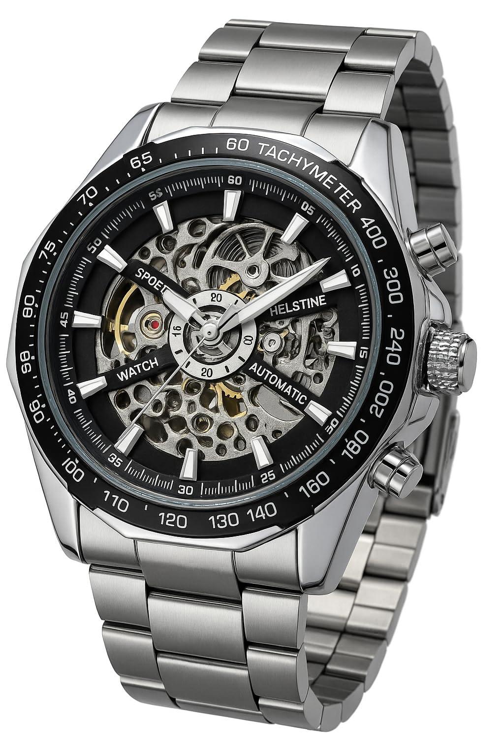Helstine Watches for Men Automatic Watch Mechanical Wrist Watches Skeleton Analog Stainless Steel Business 30 Meter Waterproof Luminous Men Watch 2026
