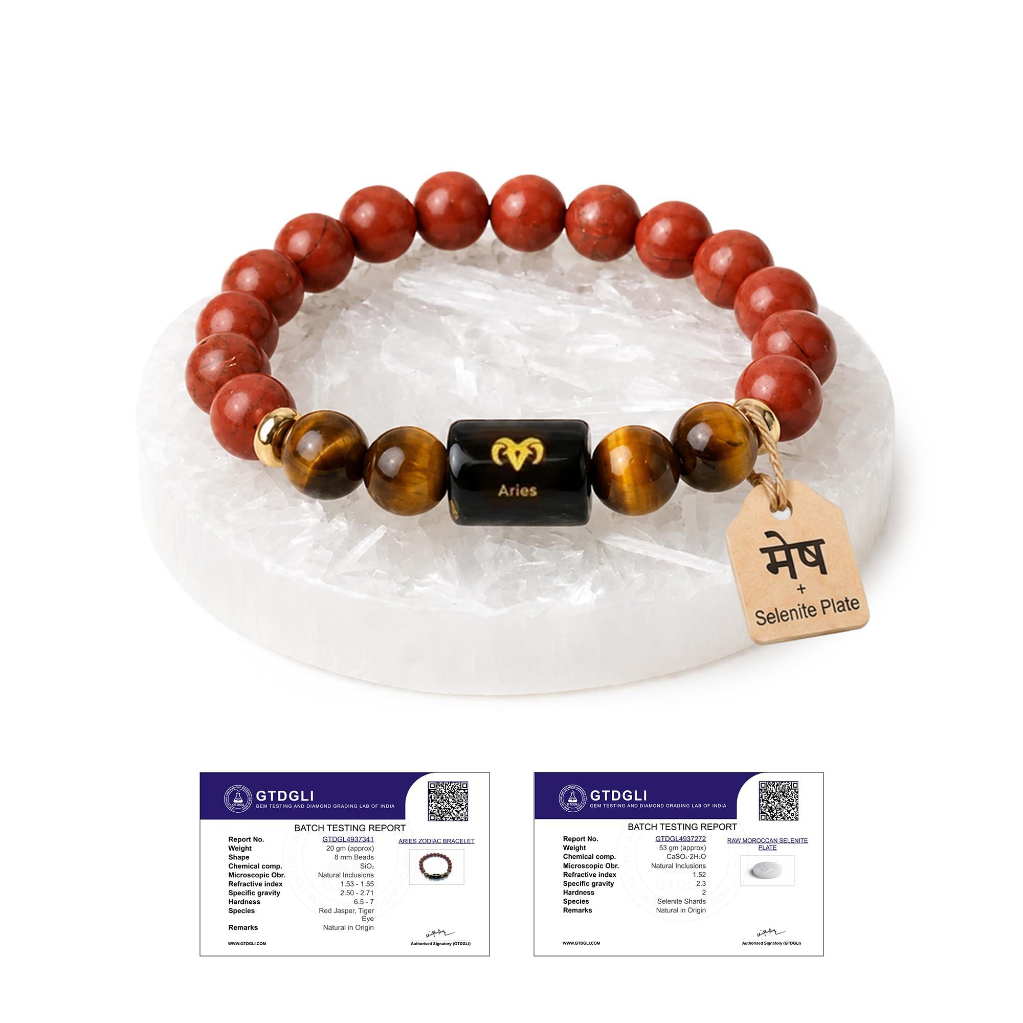 Astrotalk Aries (मेष राशि) Zodiac Bracelet with Raw Selenite Plate | Balances Energy & Enhances Positivity | Certified Healing Crystals | Astrology Bracelet for Man & Woman | Gift for Man & Woman