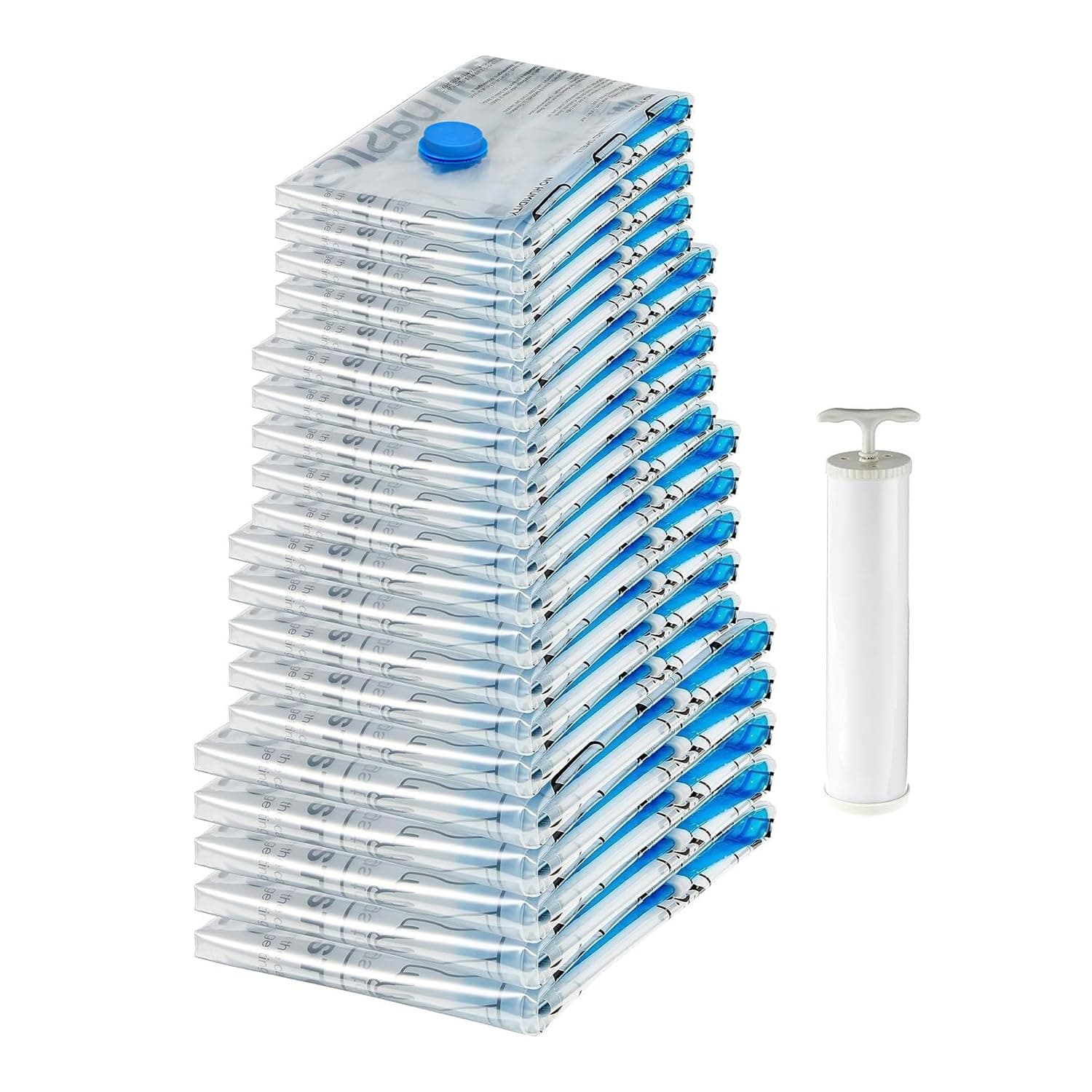 amazon basics Plastic Vacuum Compression Zipper Storage Bags With Hand Pump,20 Pack(5 Small,5 Medium,5 Large&5 Jumbo),Multiple Size,Clear,White