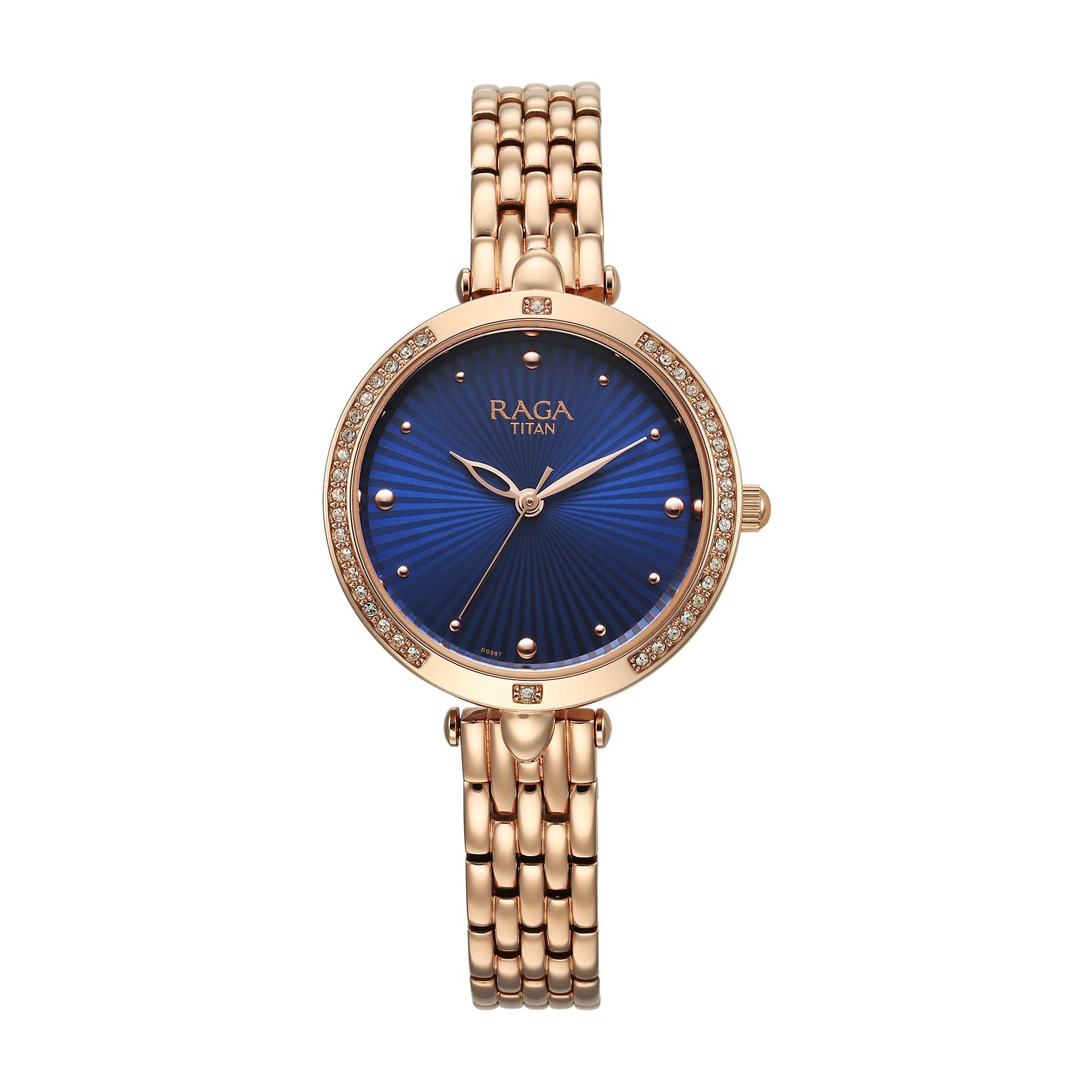 Titan Raga Showstopper Quartz Analog Midnight Blue Dial Rose Gold Metal Strap Watch for Women - NT95266WM01
