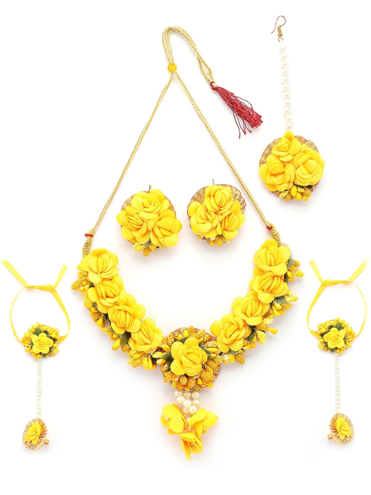 Sukkhi Creative Stylish Fashion Flowers Handmade Yellow Jewellery Set for Haldi Gota Patti Necklace Earrings HathPanja & Maangtikka for Women & Girls|Mehandi/Haldi/Wedding/Bridal/Baby Shower|NS107465